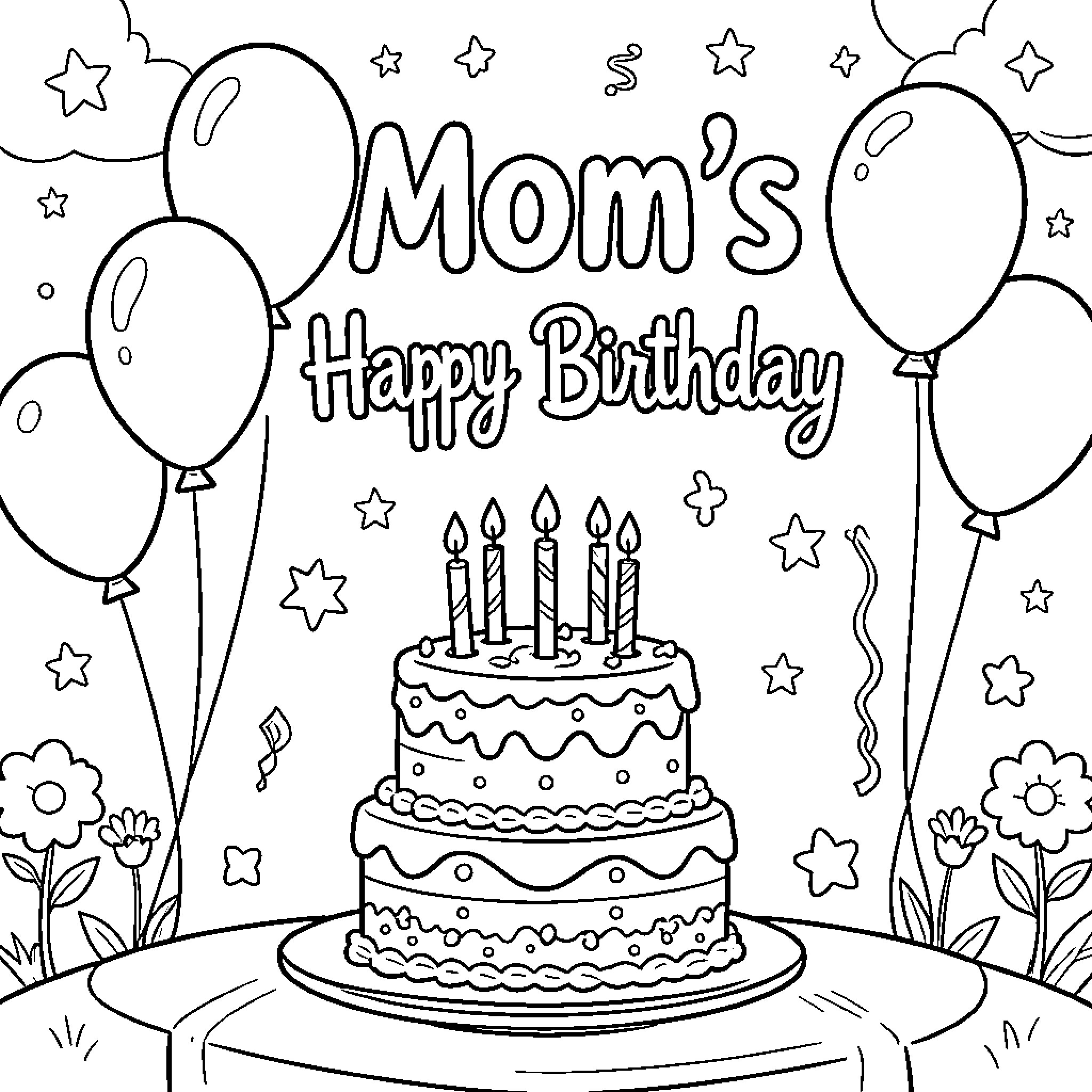 Mom's Happy Birthday Celebration Coloring Page (free black-and-white line drawing printable PDF for all, from beginners to advanced learners, including children, teens, adults, and seniors)