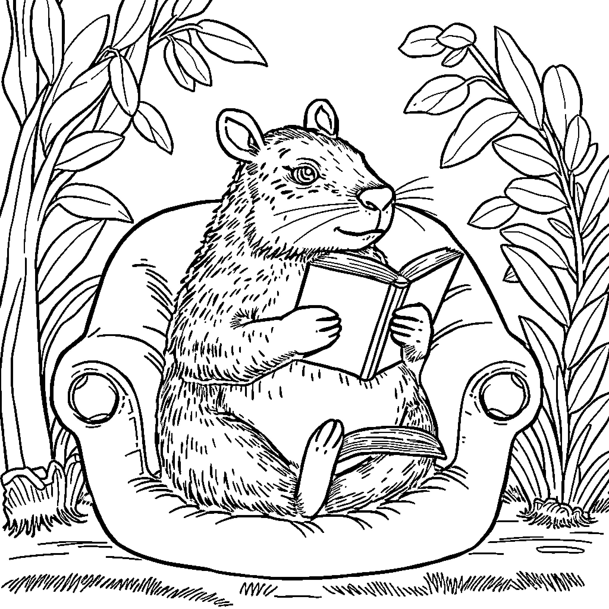 Capybara reading a book in the jungle Coloring Page (free black-and-white line drawing printable PDF for all, from beginners to advanced learners, including children, teens, adults, and seniors)