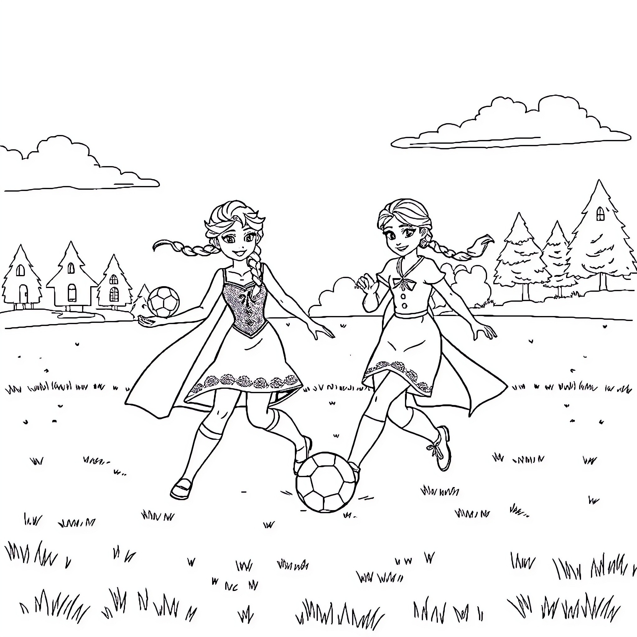 Elsa and Anna playing soccer in the park Coloring Page (free black-and-white line drawing printable PDF for all, from beginners to advanced learners, including children, teens, adults, and seniors)