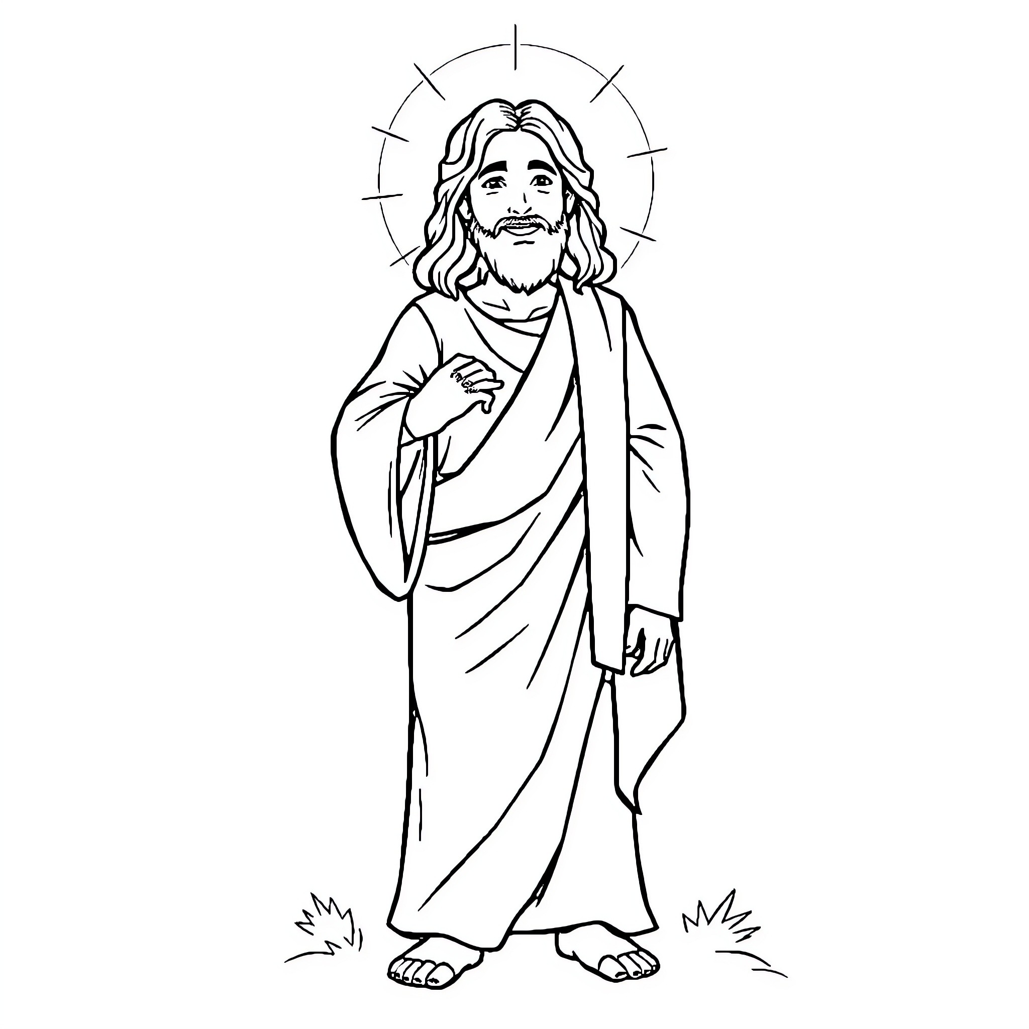 Jesus depicted in serene and holy manner Coloring Page (free black-and-white line drawing printable PDF for all, from beginners to advanced learners, including children, teens, adults, and seniors)