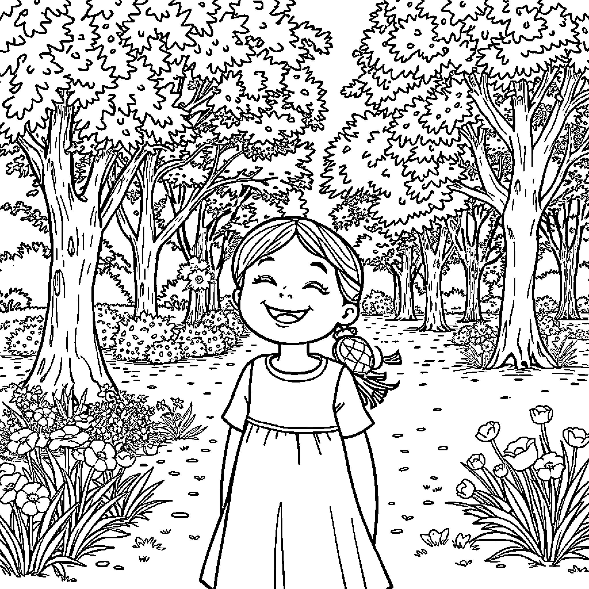 Girl exploring the enchanting forest Coloring Page (free black-and-white line drawing printable PDF for all, from beginners to advanced learners, including children, teens, adults, and seniors)