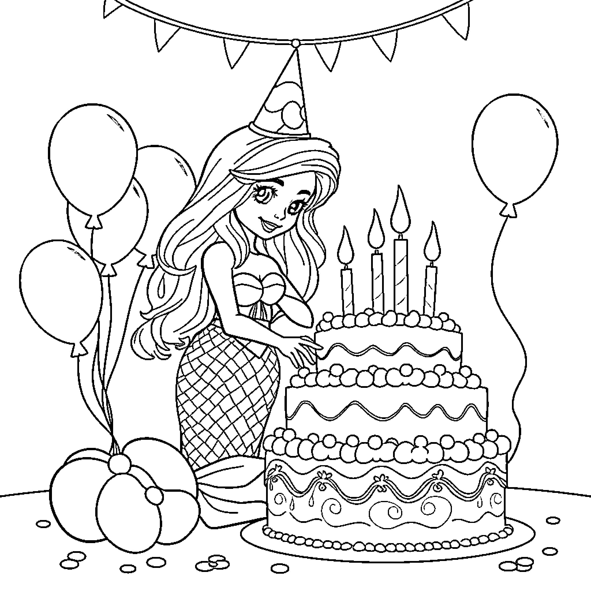 Sirena celebrating birthday party with cake and balloons Coloring Page (free black-and-white line drawing printable PDF for all, from beginners to advanced learners, including children, teens, adults, and seniors)