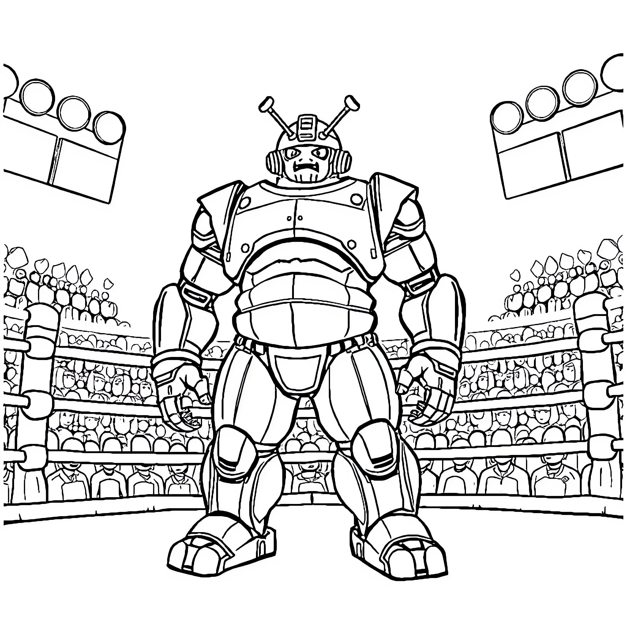 Sumo Bot battling in a grand arena Coloring Page (free black-and-white line drawing printable PDF for all, from beginners to advanced learners, including children, teens, adults, and seniors)