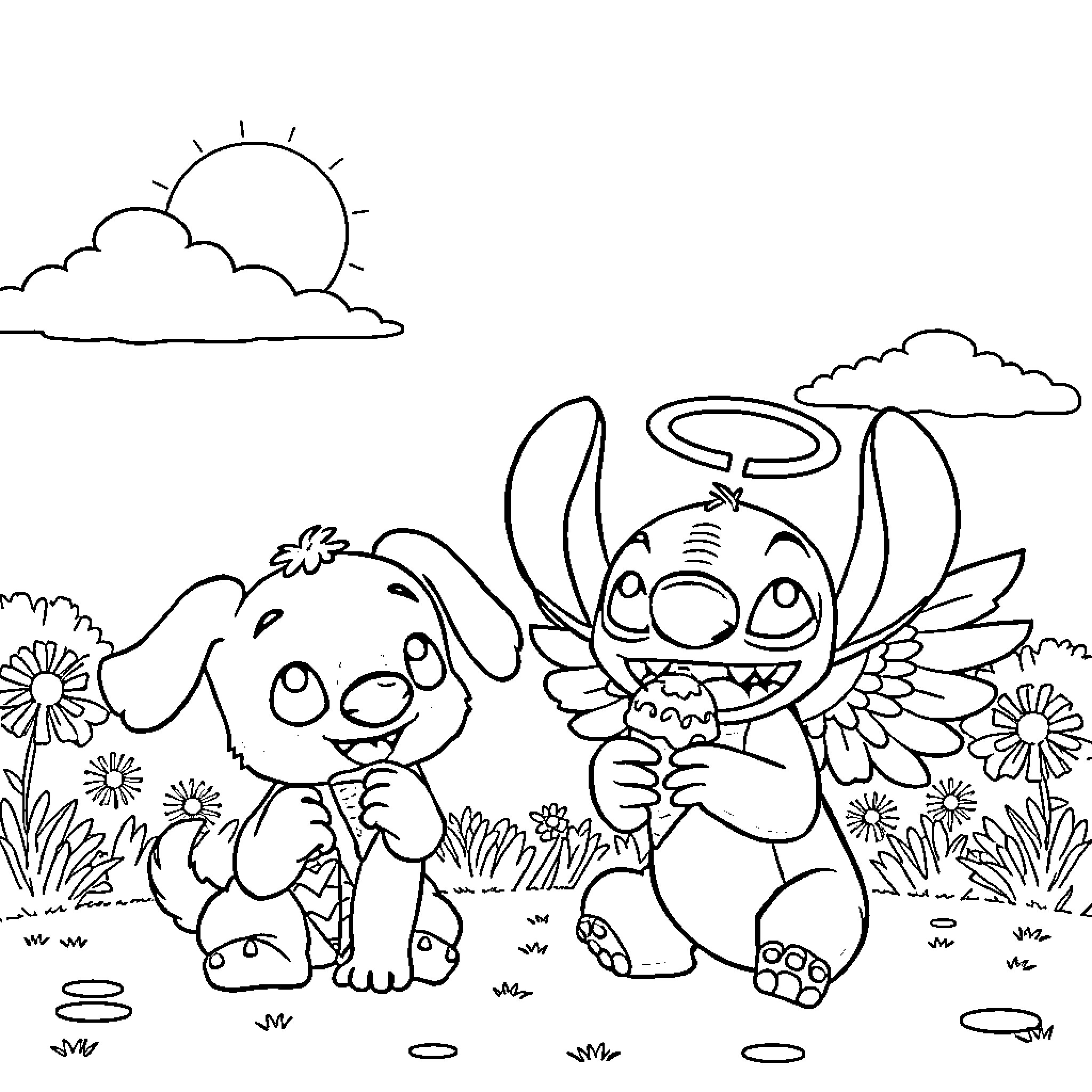 Bluey and Stitch playing together in the garden Coloring Page (free black-and-white line drawing printable PDF for all, from beginners to advanced learners, including children, teens, adults, and seniors)