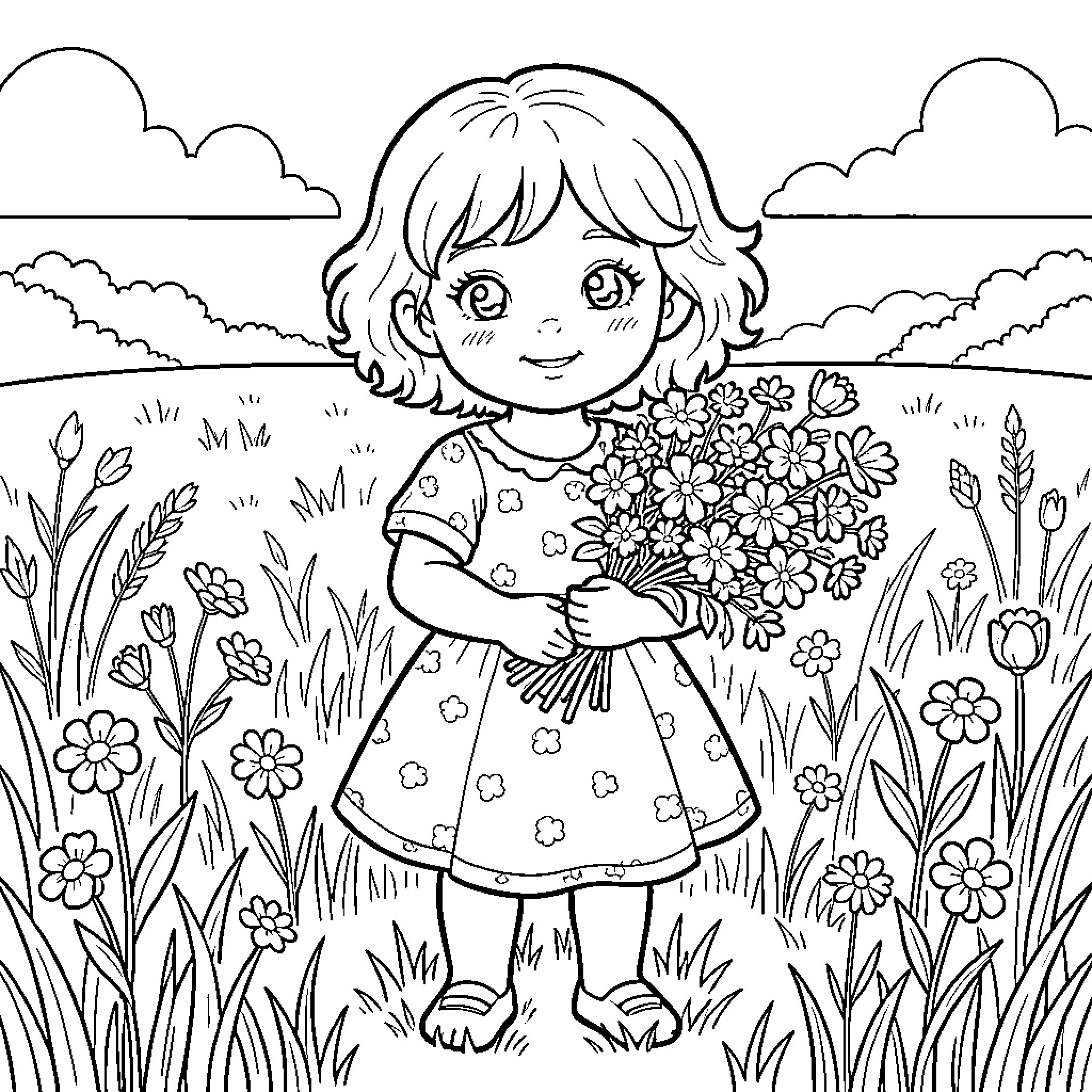 Girl holding a large bouquet of flowers in a field Coloring Page (free black-and-white line drawing printable PDF for all, from beginners to advanced learners, including children, teens, adults, and seniors)