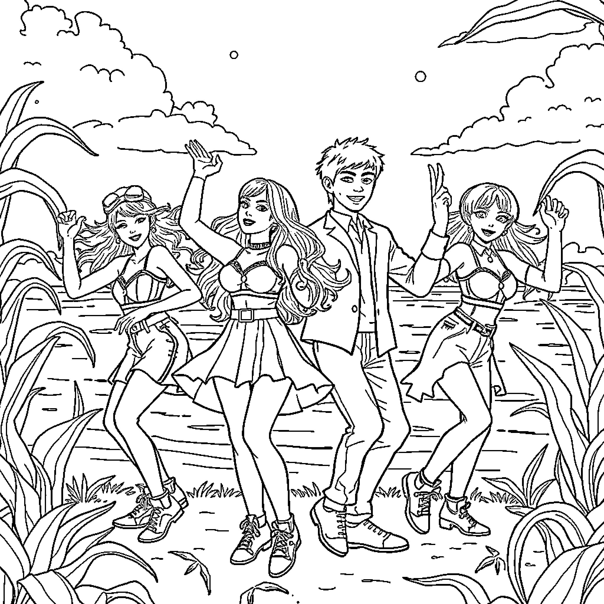 Guerrera warriors celebrate victory in the wild Coloring Page (free black-and-white line drawing printable PDF for all, from beginners to advanced learners, including children, teens, adults, and seniors)