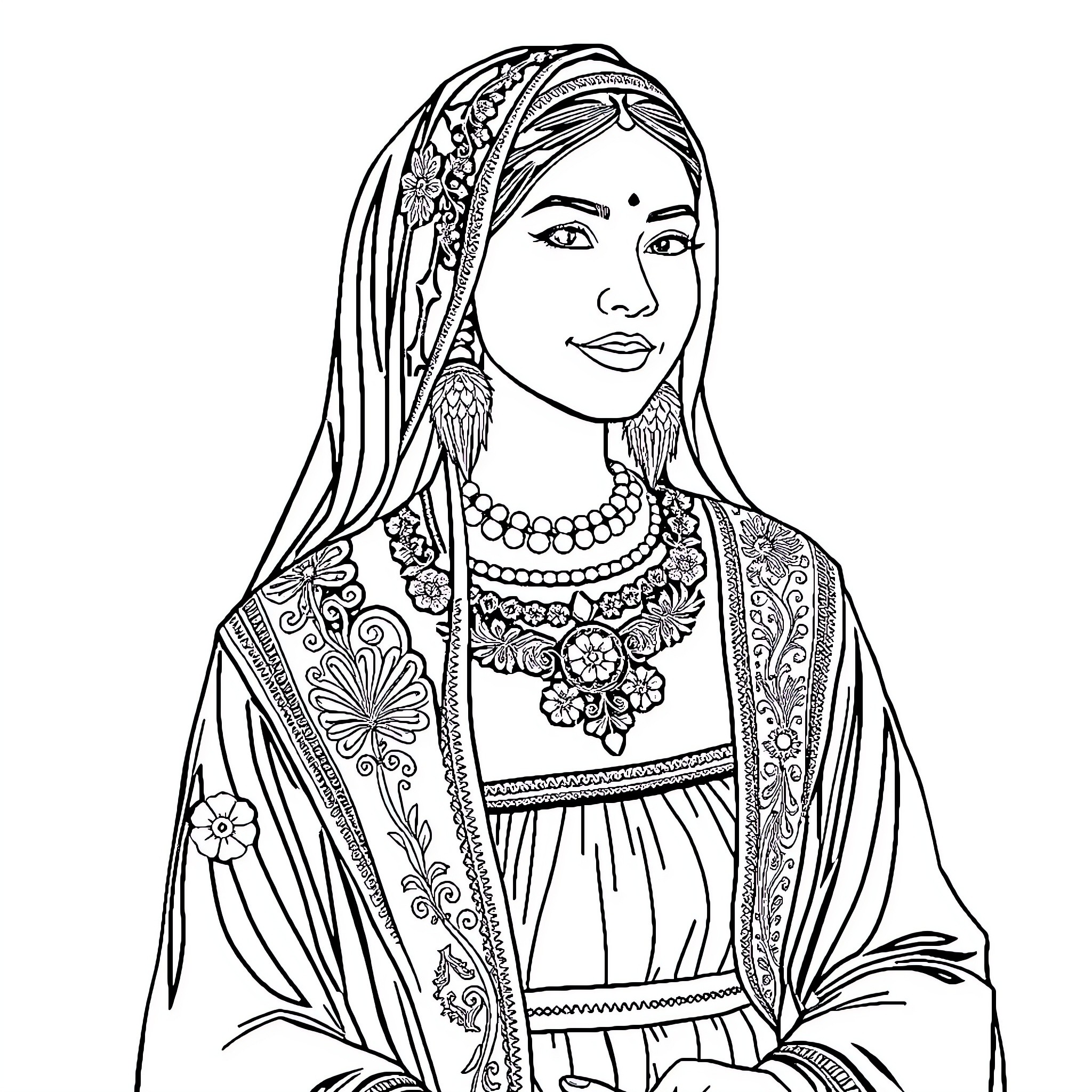 Woman in ornate traditional Indian attire Coloring Page (free black-and-white line drawing printable PDF for all, from beginners to advanced learners, including children, teens, adults, and seniors)