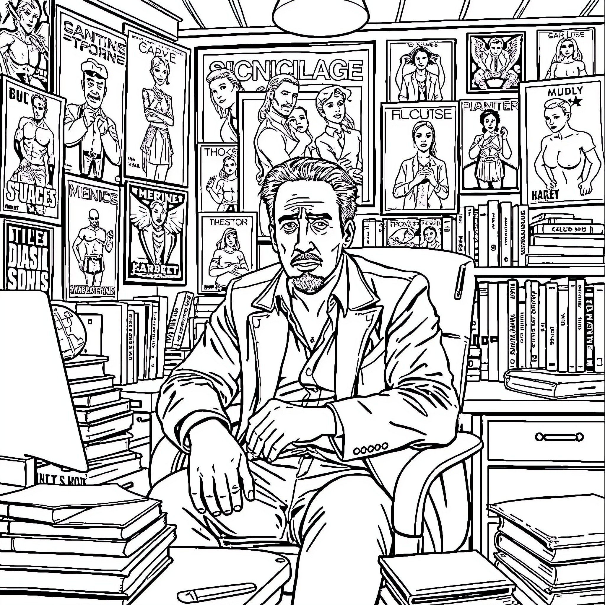Nicolas Cage Surrounded by Film Posters in Study Coloring Page (free black-and-white line drawing printable PDF for all, from beginners to advanced learners, including children, teens, adults, and seniors)