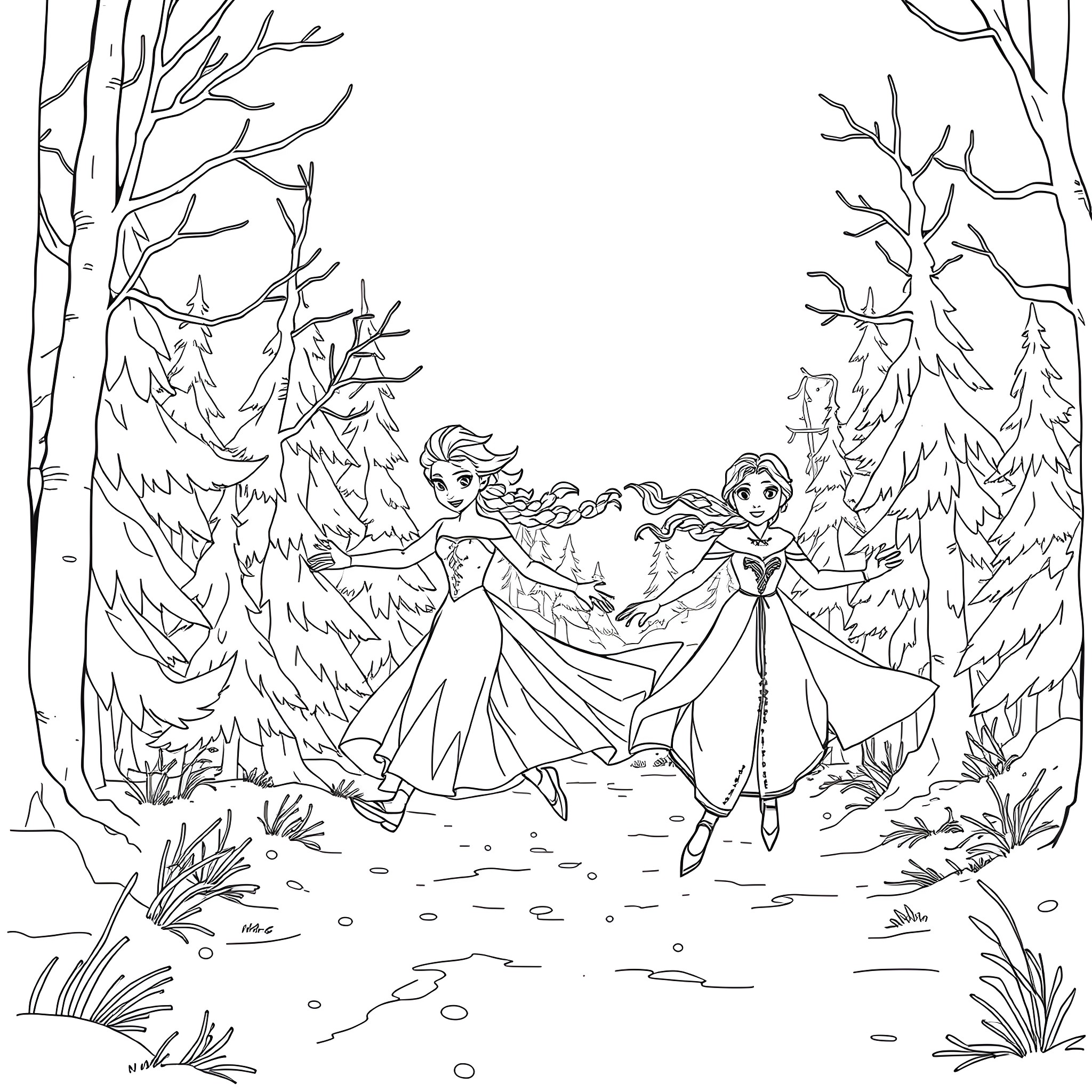 Elsa and Anna dancing in the winter wonderland Coloring Page (free black-and-white line drawing printable PDF for all, from beginners to advanced learners, including children, teens, adults, and seniors)