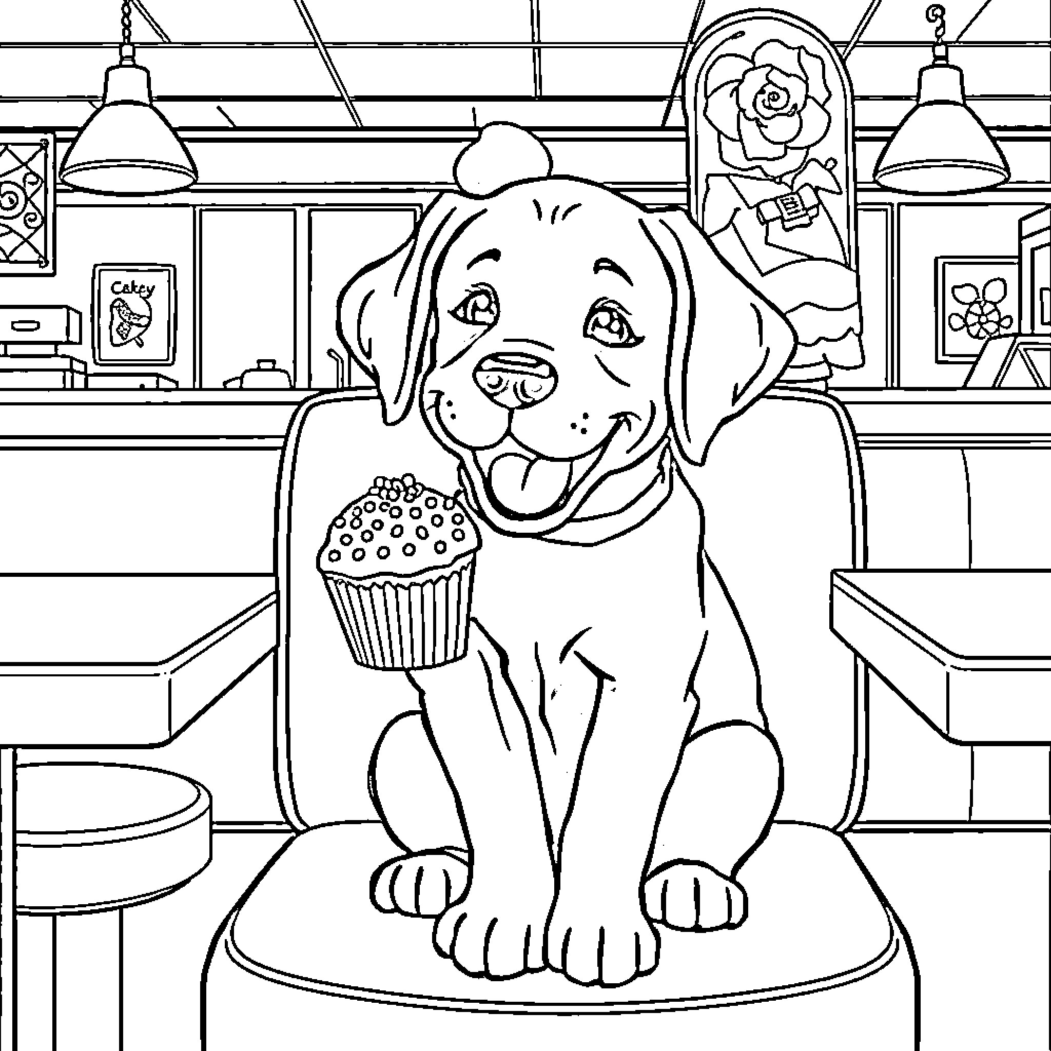 Puppy enjoying a cupcake in a cozy cafe Coloring Page (free black-and-white line drawing printable PDF for all, from beginners to advanced learners, including children, teens, adults, and seniors)