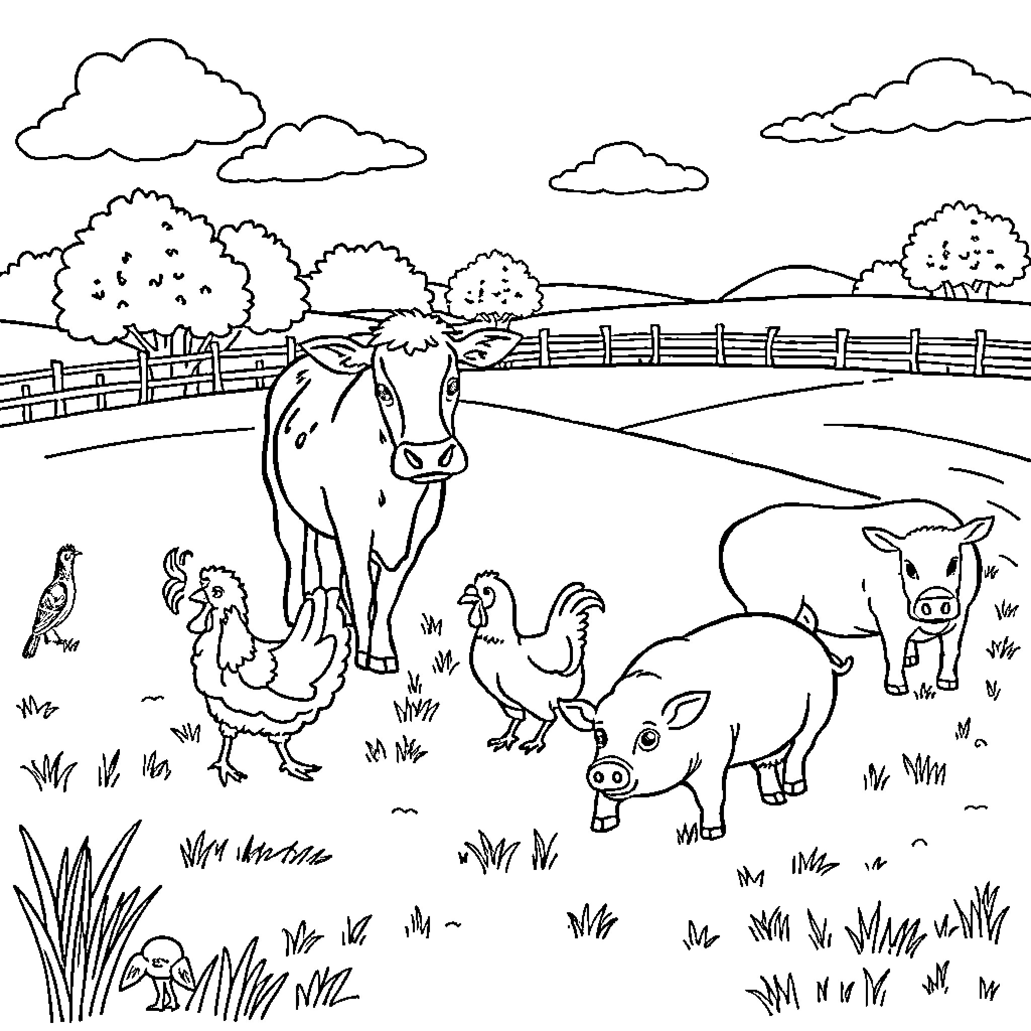 Farm Animal Gathering in a Pastoral Landscape Coloring Page (free black-and-white line drawing printable PDF for all, from beginners to advanced learners, including children, teens, adults, and seniors)
