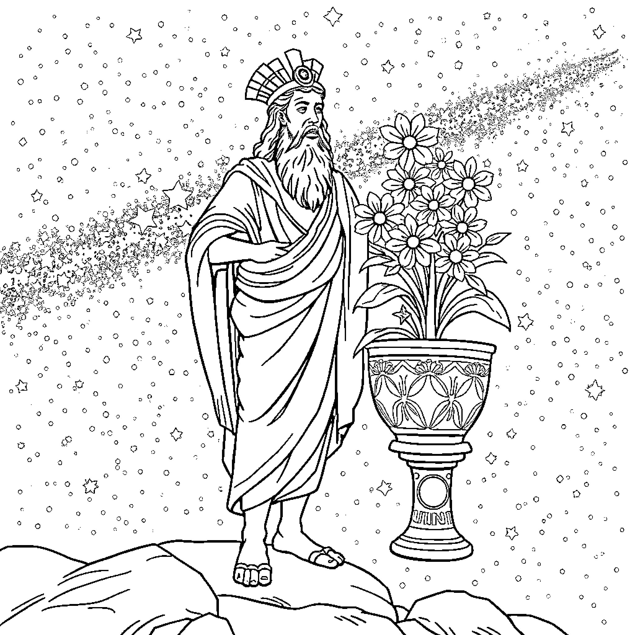 Aristophanes' Depiction of Poetic Inspiration and Reverence Coloring Page (free black-and-white line drawing printable PDF for all, from beginners to advanced learners, including children, teens, adults, and seniors)
