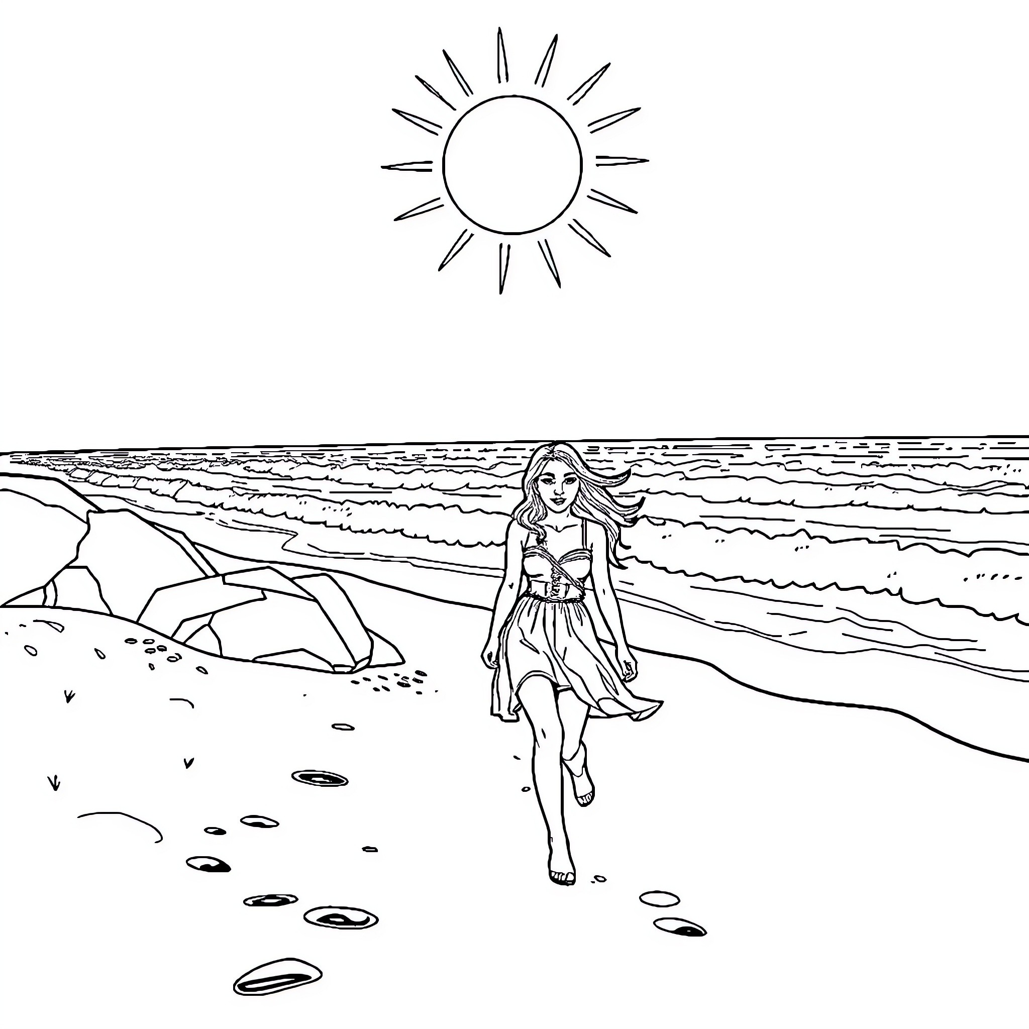 Madelyn Cline enjoying a sunny day at the beach Coloring Page (free black-and-white line drawing printable PDF for all, from beginners to advanced learners, including children, teens, adults, and seniors)