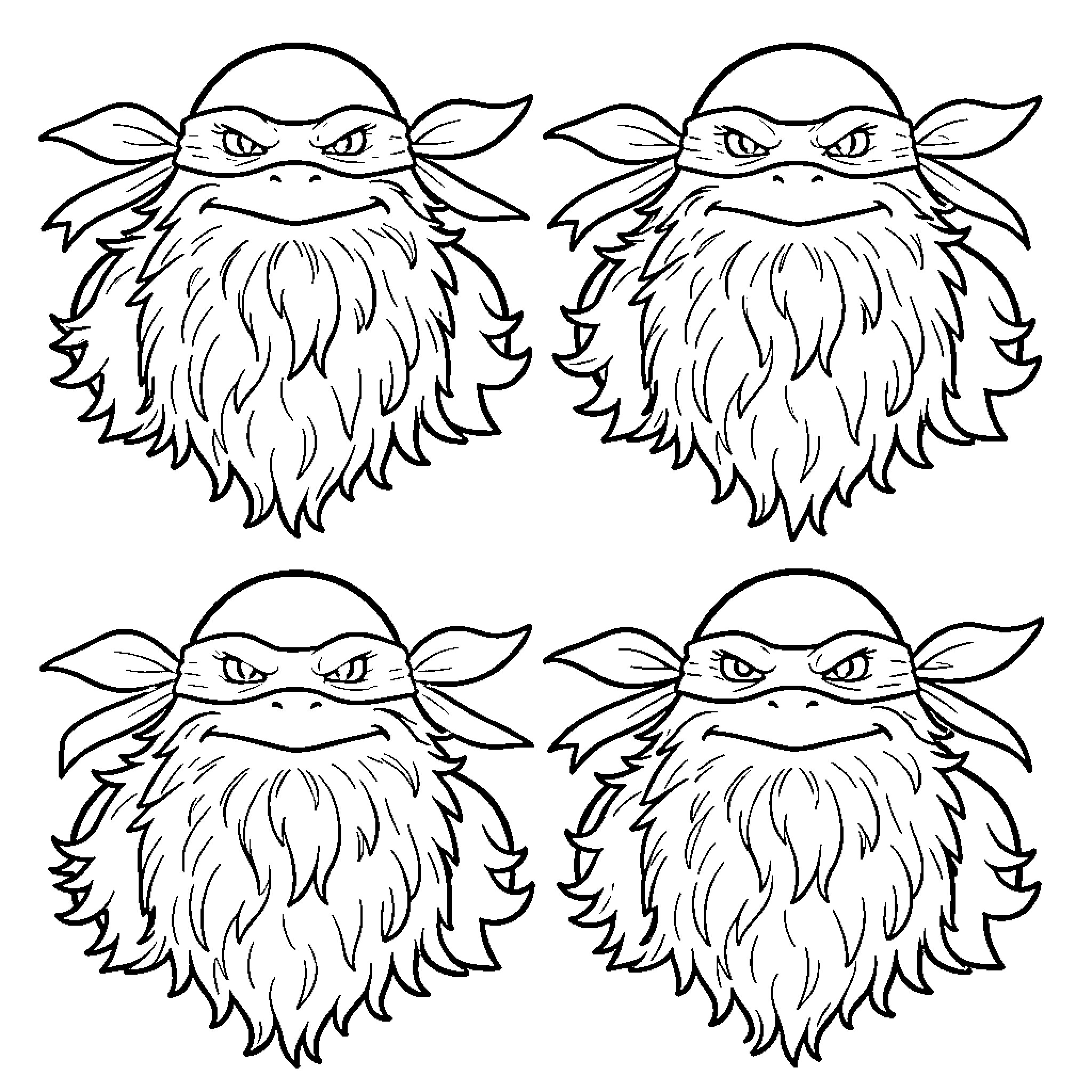 Ninja Turtle Facial Expressions Coloring Page (free black-and-white line drawing printable PDF for all, from beginners to advanced learners, including children, teens, adults, and seniors)