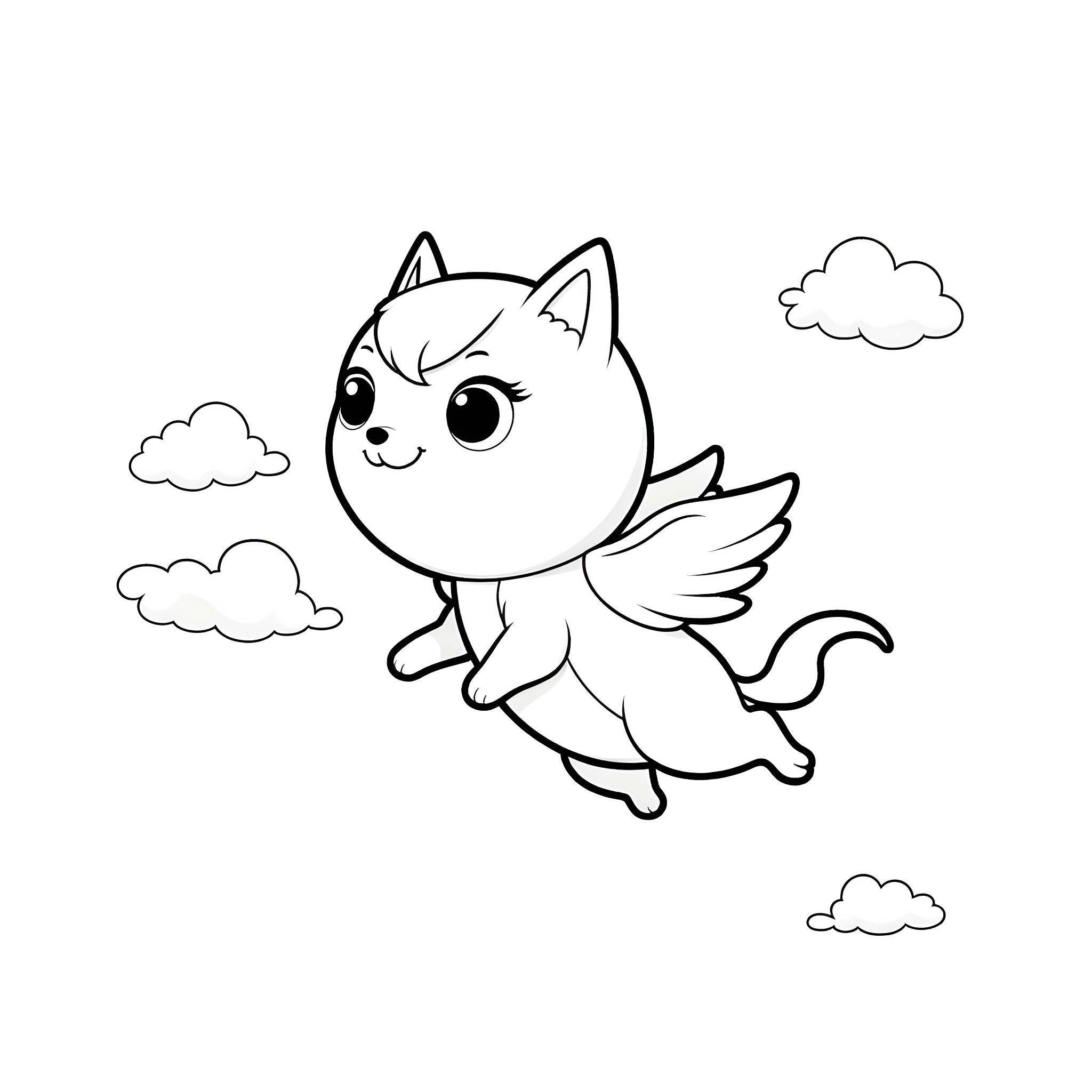 Kuromi flying with wings in the sky Coloring Page (free black-and-white line drawing printable PDF for all, from beginners to advanced learners, including children, teens, adults, and seniors)