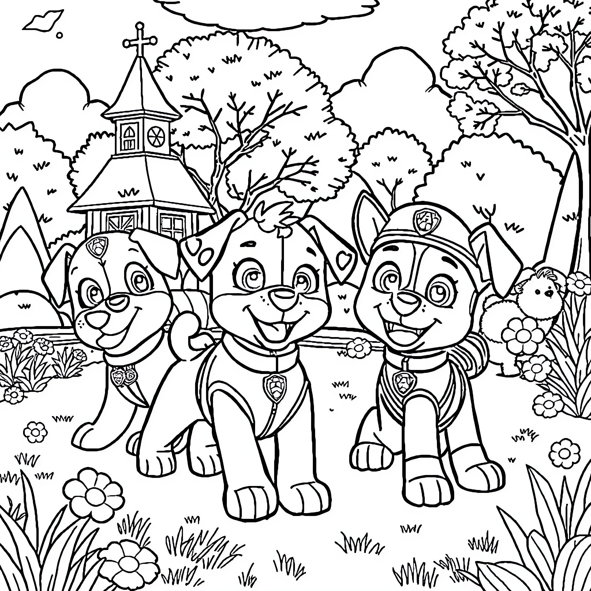 Paw Patrol Characters in Outdoor Adventure Coloring Page (free black-and-white line drawing printable PDF for all, from beginners to advanced learners, including children, teens, adults, and seniors)