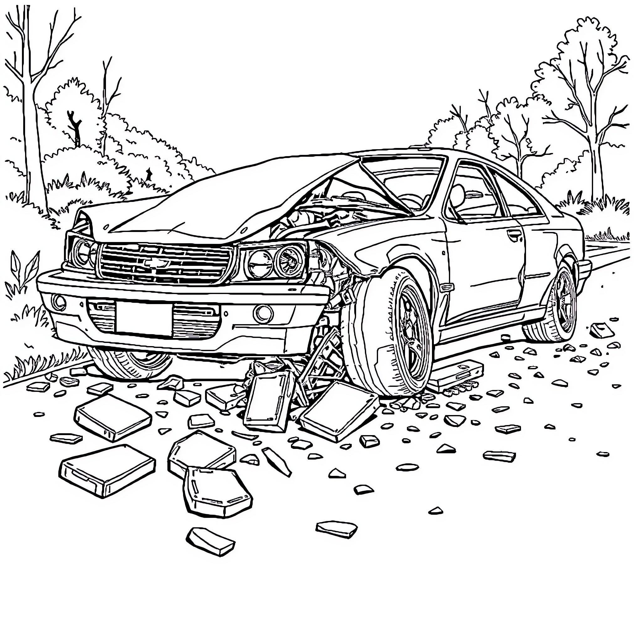 Car in Damaged State on Forest Road Coloring Page (free black-and-white line drawing printable PDF for all, from beginners to advanced learners, including children, teens, adults, and seniors)