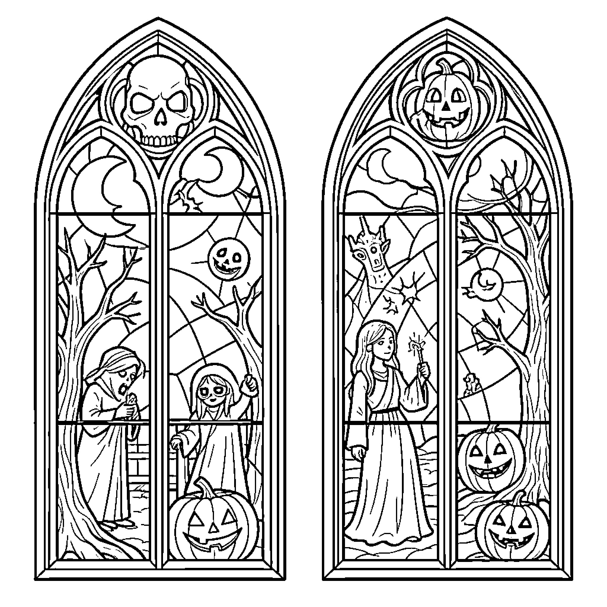 Halloween spooky scenes through gothic stained glass windows Coloring Page (free black-and-white line drawing printable PDF for all, from beginners to advanced learners, including children, teens, adults, and seniors)