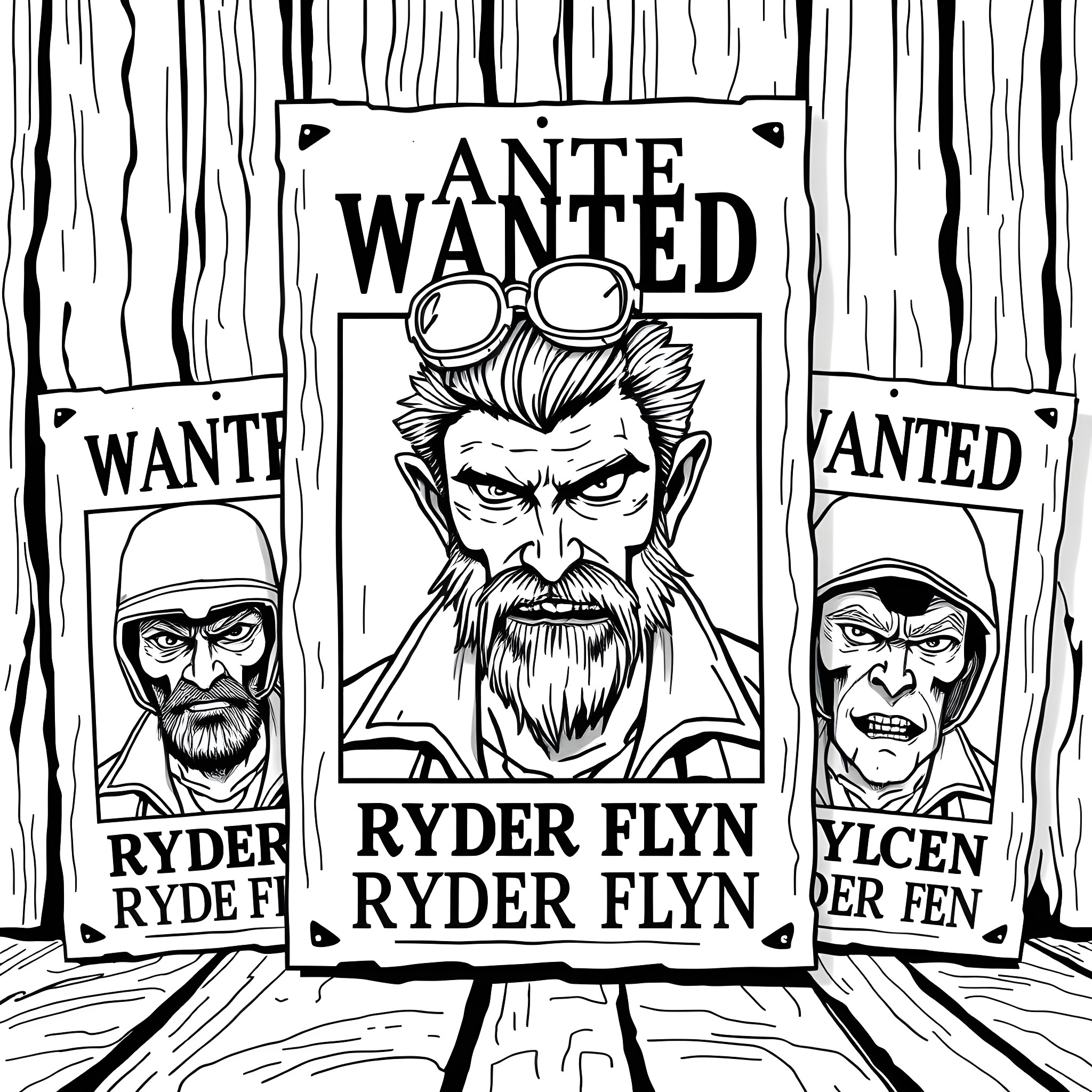 Ryder Flyn Wanted Poster with Sketched Criminals Coloring Page (free black-and-white line drawing printable PDF for all, from beginners to advanced learners, including children, teens, adults, and seniors)