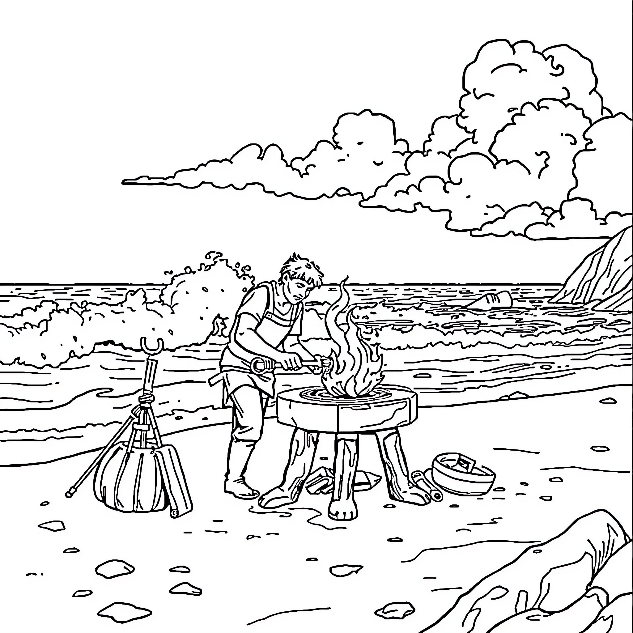 Blacksmith forging tools on the beach Coloring Page (free black-and-white line drawing printable PDF for all, from beginners to advanced learners, including children, teens, adults, and seniors)