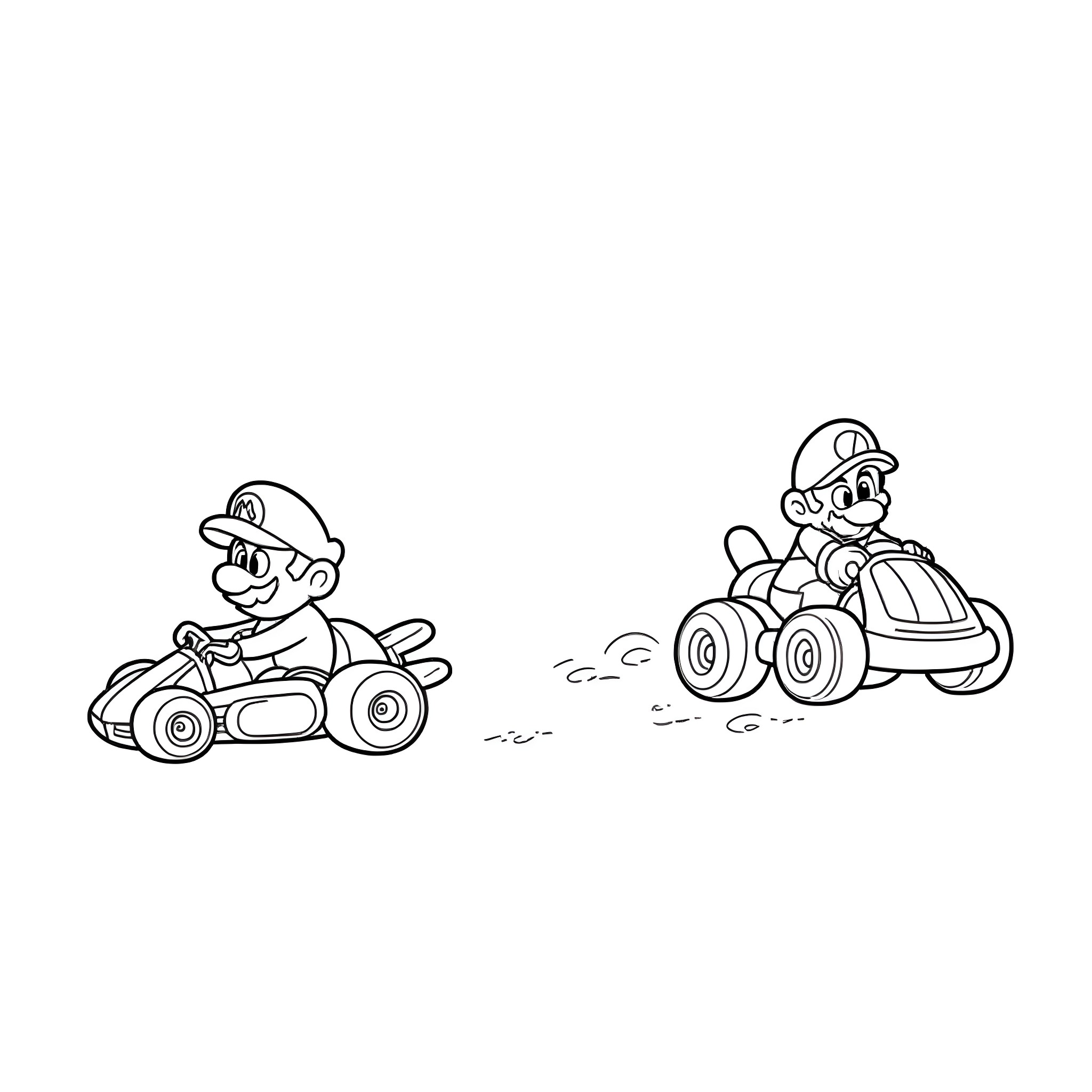 Mario racing against another Mario in go-karts Coloring Page (free black-and-white line drawing printable PDF for all, from beginners to advanced learners, including children, teens, adults, and seniors)