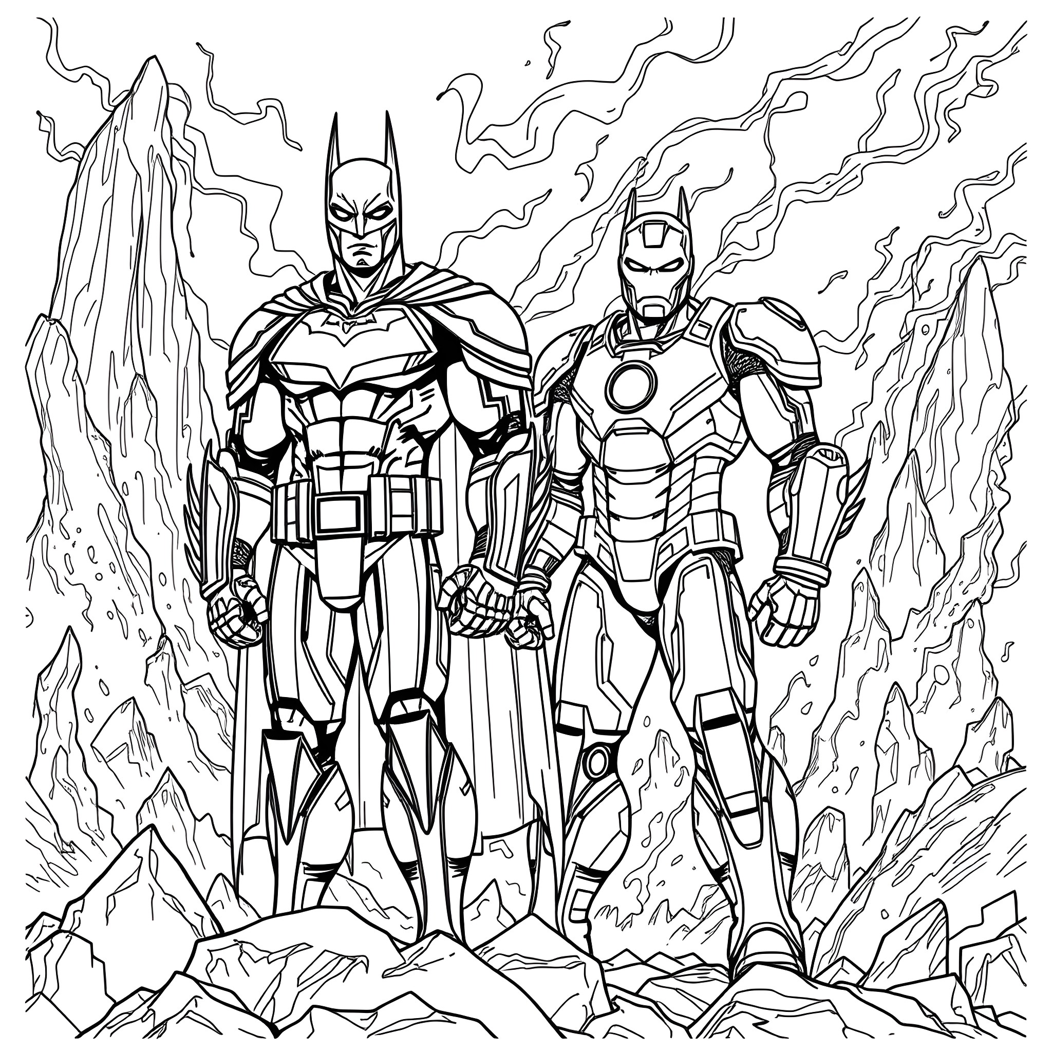 Batman and Iron Man in Action Poses Coloring Page (free black-and-white line drawing printable PDF for all, from beginners to advanced learners, including children, teens, adults, and seniors)