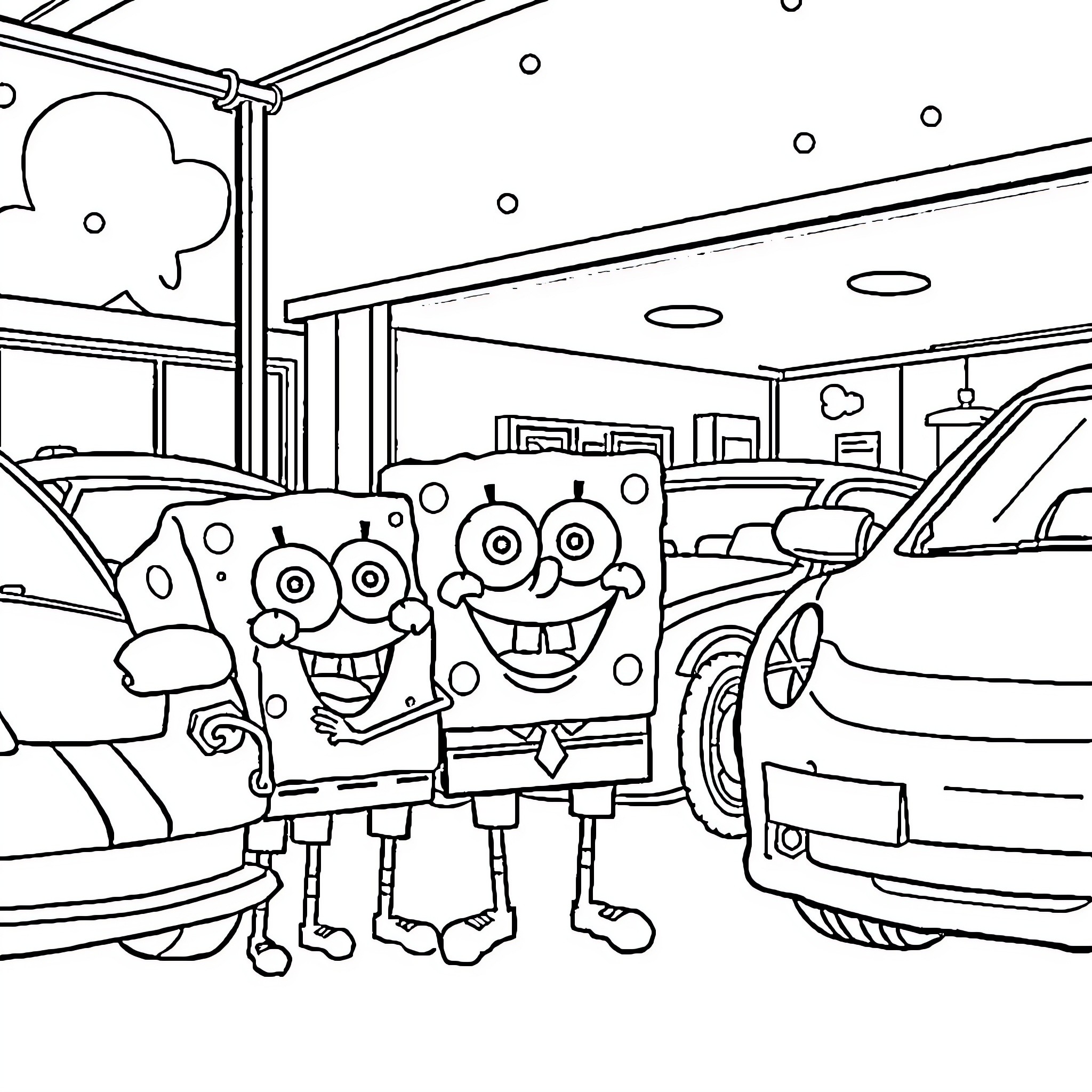 Spongebob and Patrick having fun in the garage Coloring Page (free black-and-white line drawing printable PDF for all, from beginners to advanced learners, including children, teens, adults, and seniors)