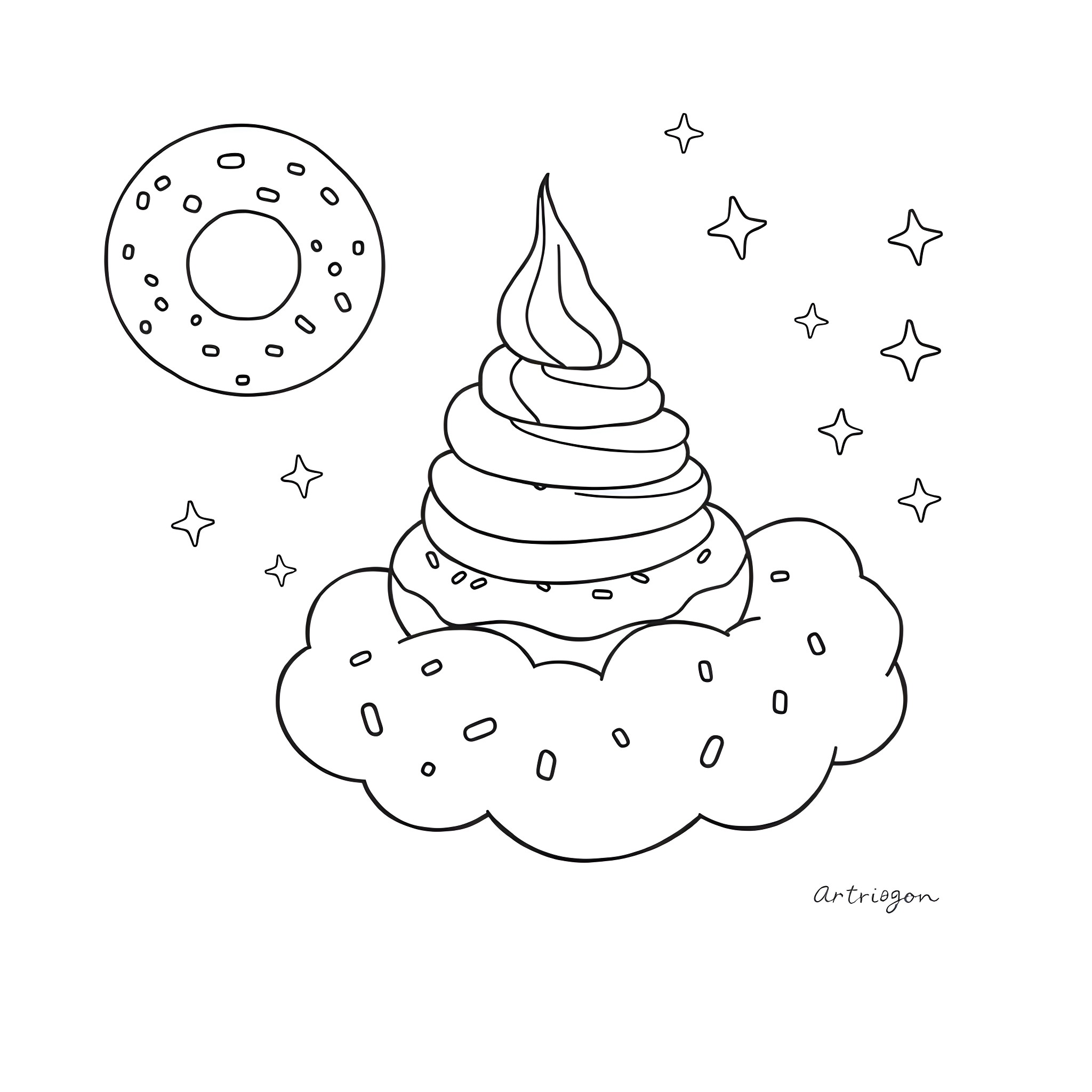 Ice Cream Treat on Cloud in Starry Sky Coloring Page (free black-and-white line drawing printable PDF for all, from beginners to advanced learners, including children, teens, adults, and seniors)