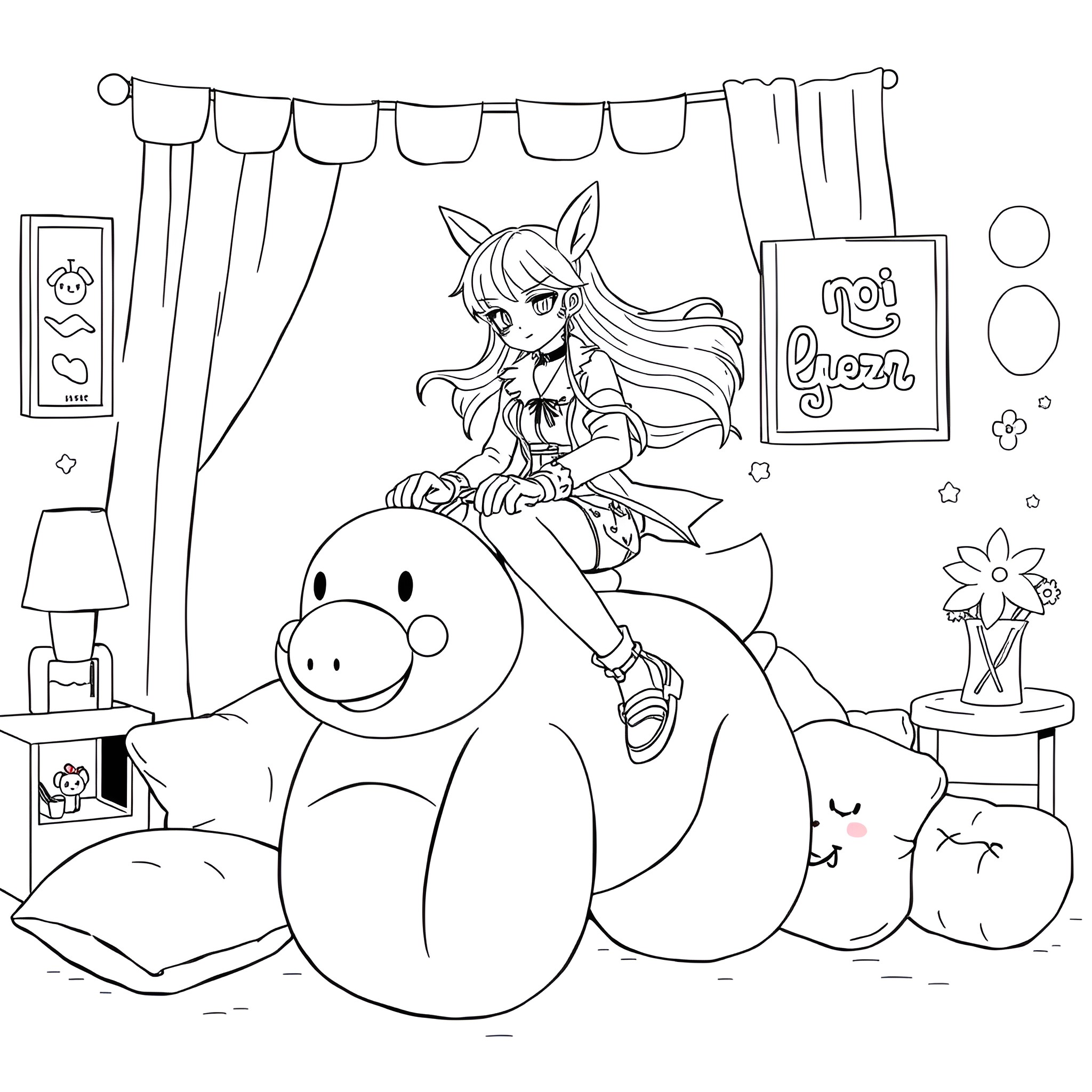 Femboy enjoying cozy time with plush toys Coloring Page (free black-and-white line drawing printable PDF for all, from beginners to advanced learners, including children, teens, adults, and seniors)