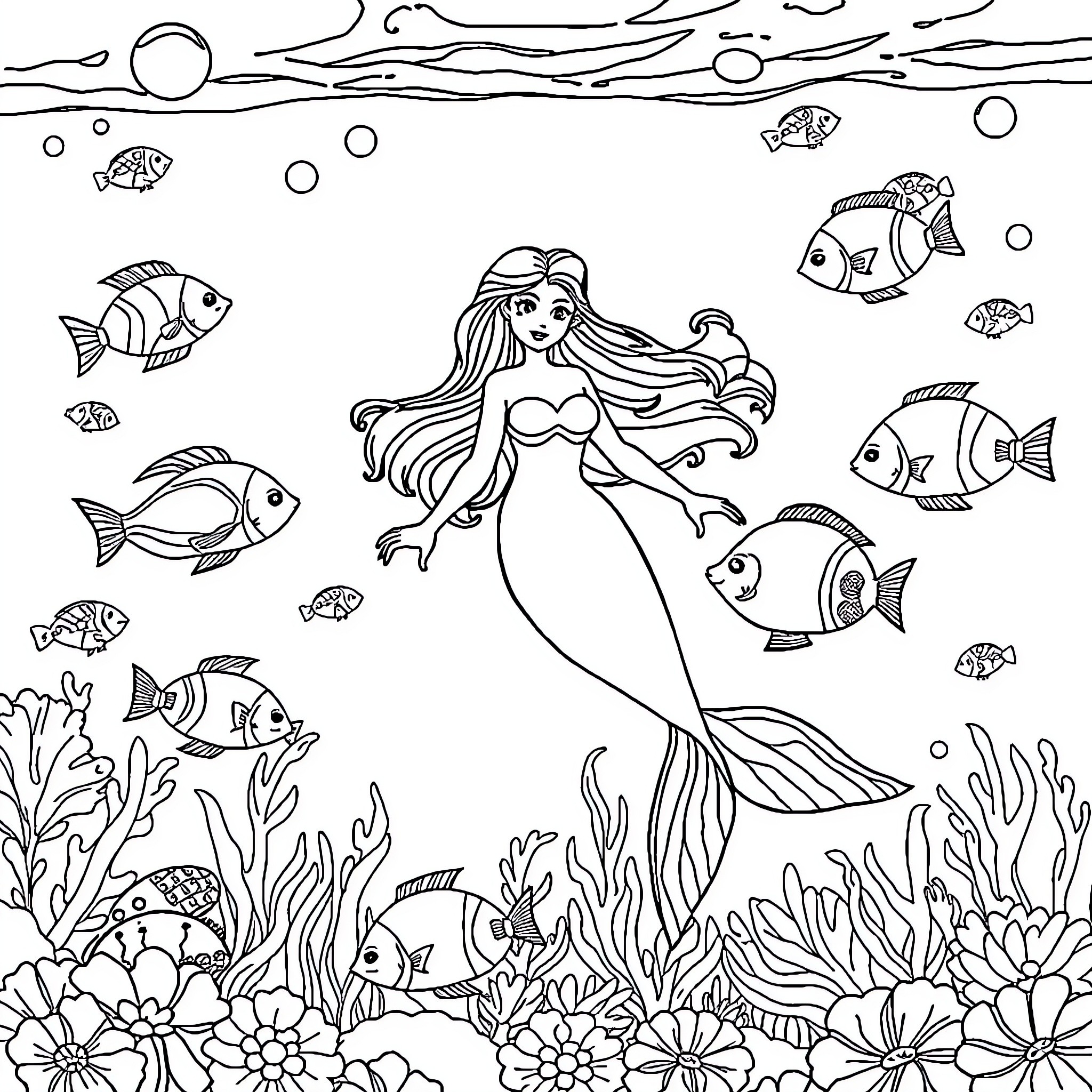 Mermaid swimming amidst colorful marine life Coloring Page (free black-and-white line drawing printable PDF for all, from beginners to advanced learners, including children, teens, adults, and seniors)