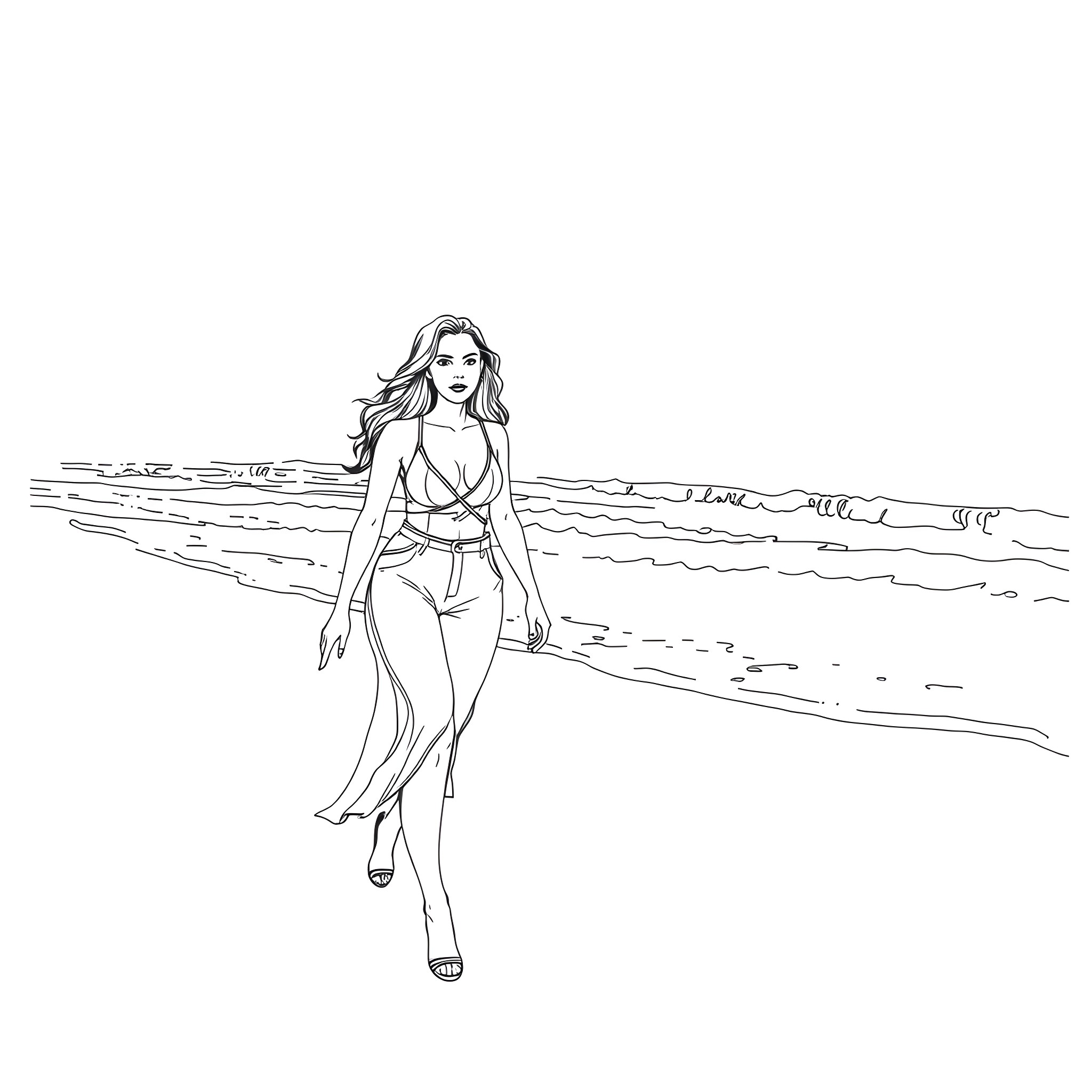 Megan Fox walking gracefully on the beach Coloring Page (free black-and-white line drawing printable PDF for all, from beginners to advanced learners, including children, teens, adults, and seniors)