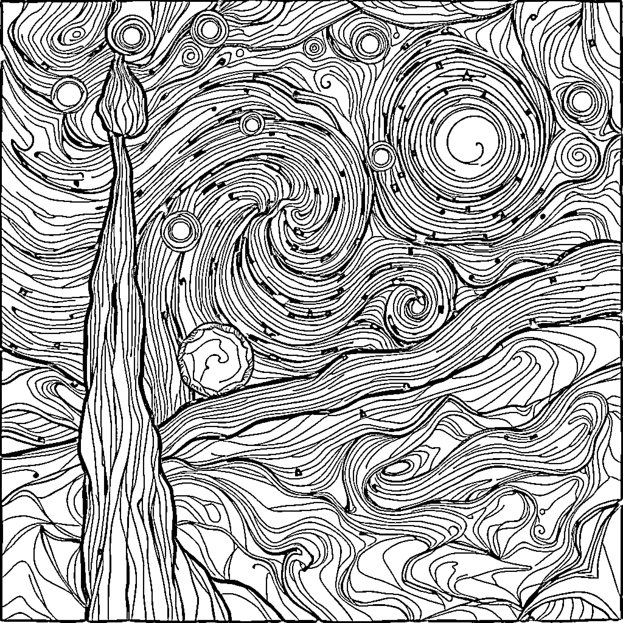 Van Gogh's Swirling Nocturnal Landscape Coloring Page (free black-and-white line drawing printable PDF for all, from beginners to advanced learners, including children, teens, adults, and seniors)