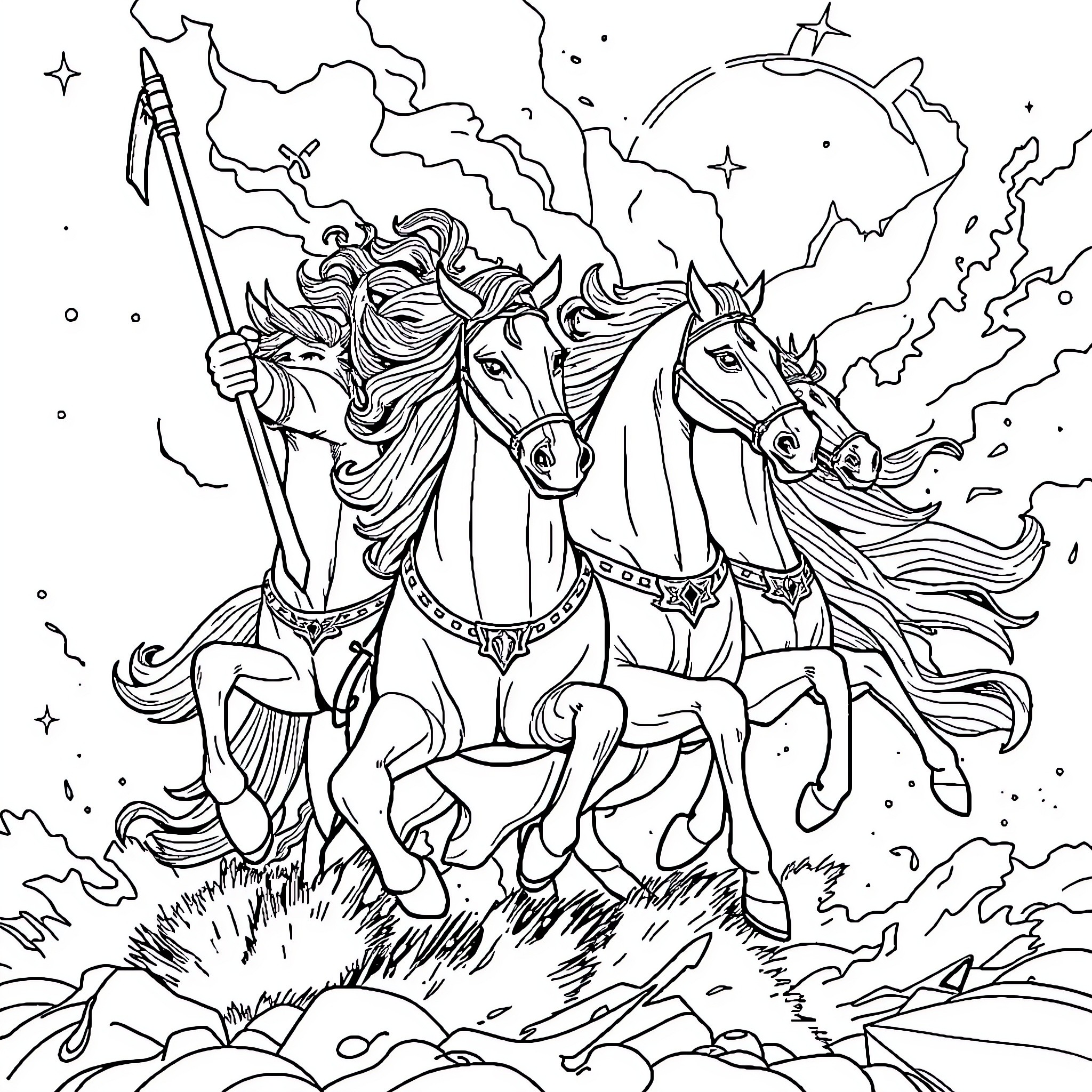 Zodiac Knights Riding Majestic Unicorns Through Cosmic Realm Coloring Page (free black-and-white line drawing printable PDF for all, from beginners to advanced learners, including children, teens, adults, and seniors)