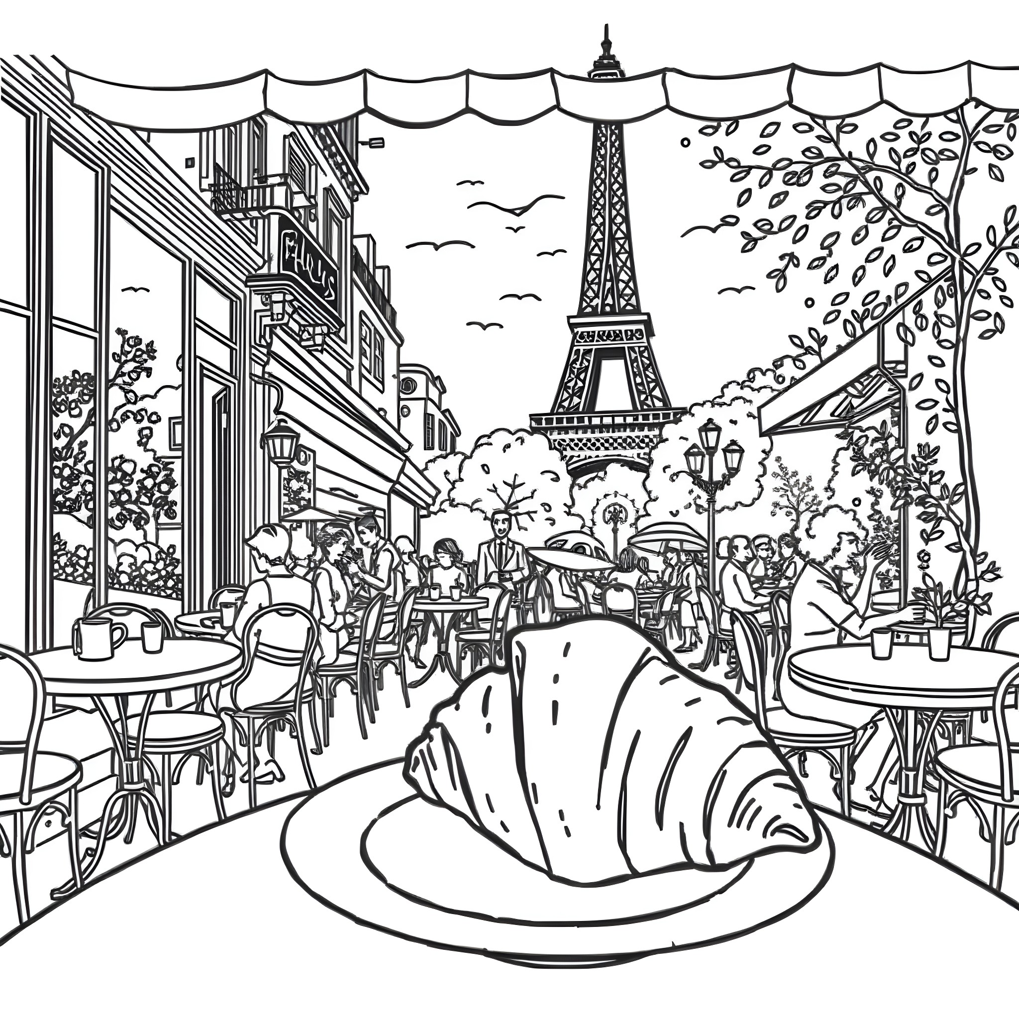 Cafe Scene with Eiffel Tower in Paris Coloring Page (free black-and-white line drawing printable PDF for all, from beginners to advanced learners, including children, teens, adults, and seniors)