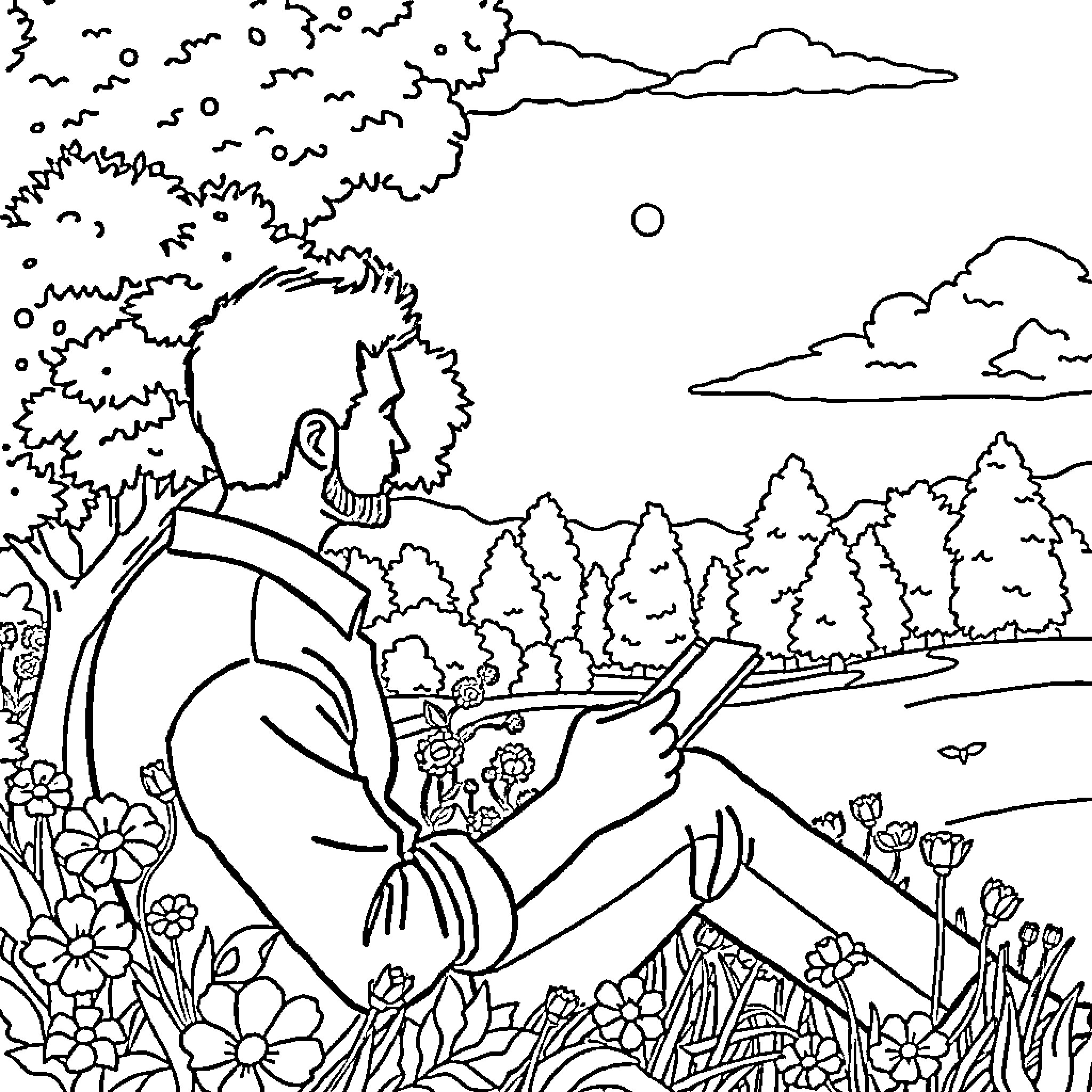 Man relaxing in peaceful nature landscape Coloring Page (free black-and-white line drawing printable PDF for all, from beginners to advanced learners, including children, teens, adults, and seniors)