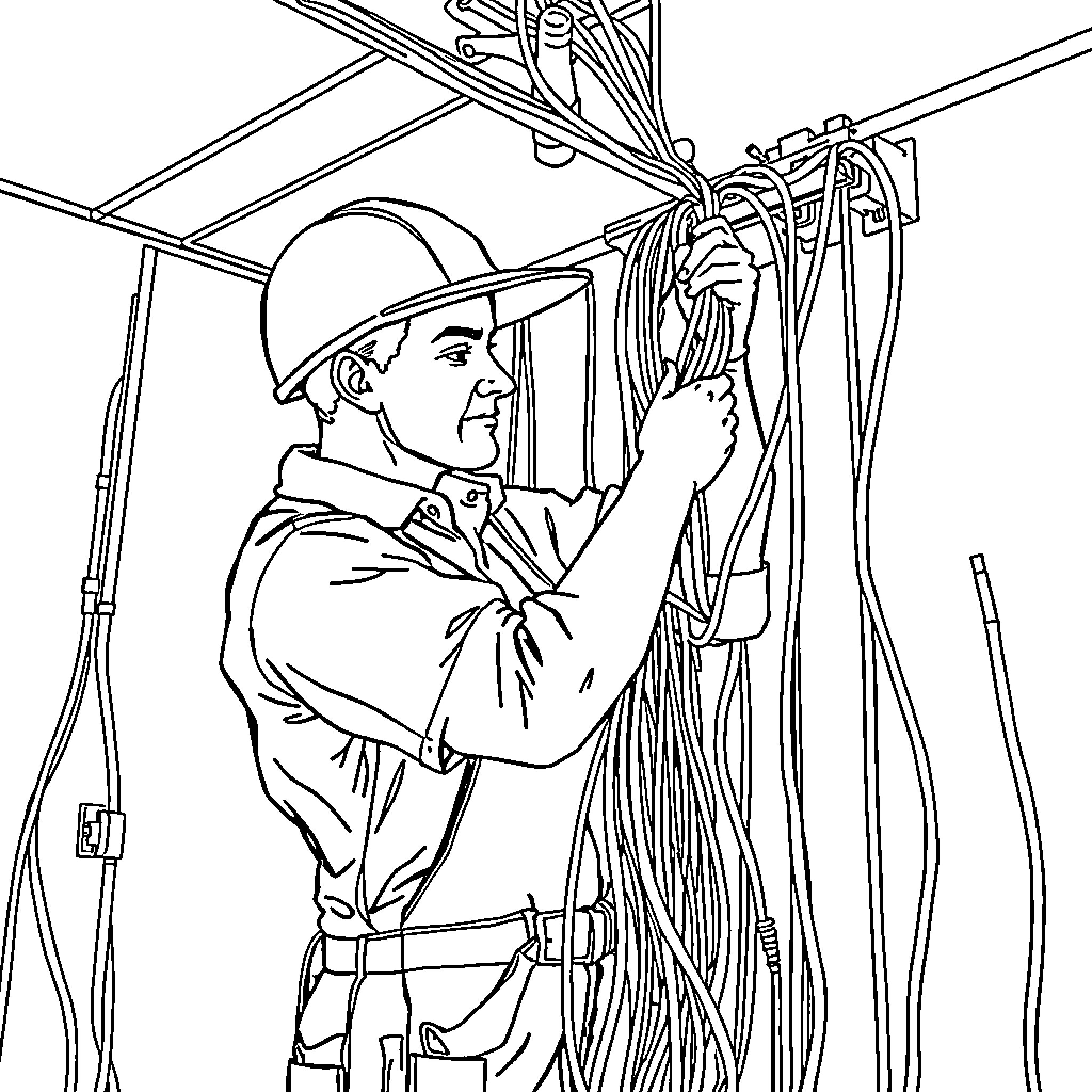Electrician inspecting and repairing electrical equipment Coloring Page (free black-and-white line drawing printable PDF for all, from beginners to advanced learners, including children, teens, adults, and seniors)