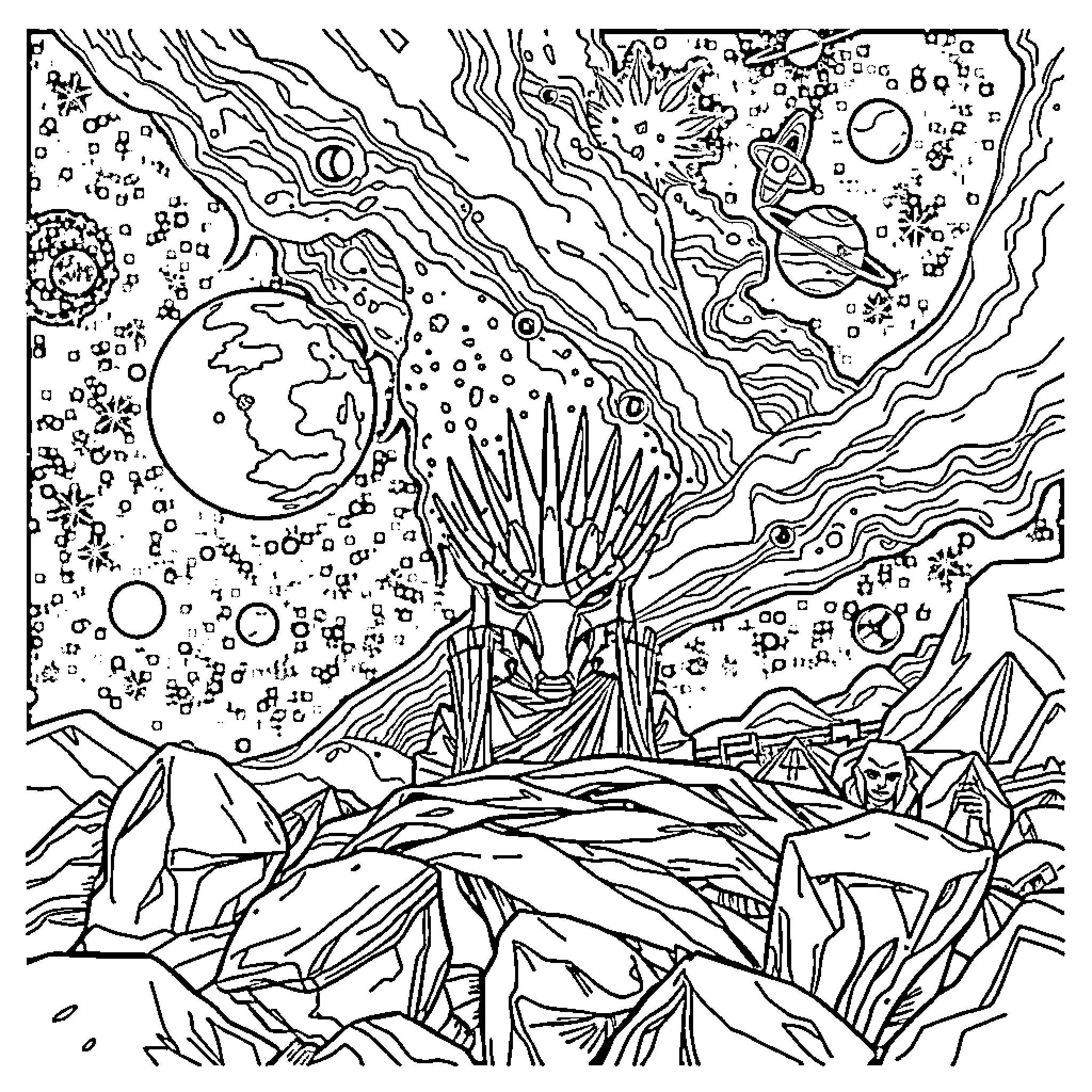 Game of Thrones - Cosmic Mystical Landscape Coloring Page (free black-and-white line drawing printable PDF for all, from beginners to advanced learners, including children, teens, adults, and seniors)