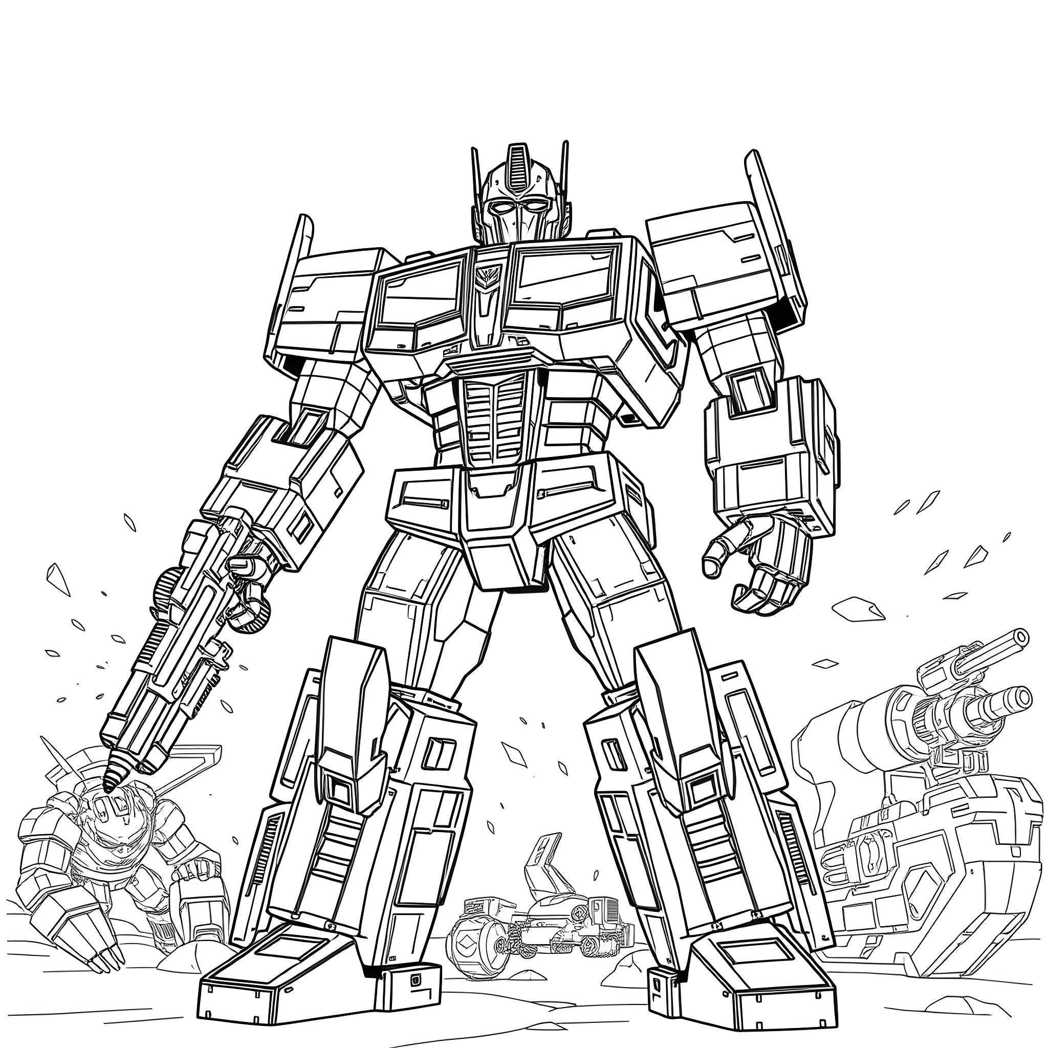 Optimus Prime leading the Autobots into battle Coloring Page (free black-and-white line drawing printable PDF for all, from beginners to advanced learners, including children, teens, adults, and seniors)