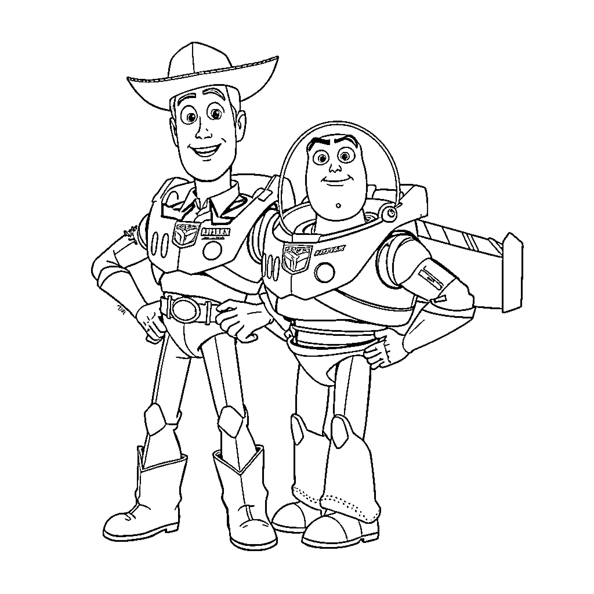 Woody and Buzz in cowboy and space ranger outfits Coloring Page (free black-and-white line drawing printable PDF for all, from beginners to advanced learners, including children, teens, adults, and seniors)