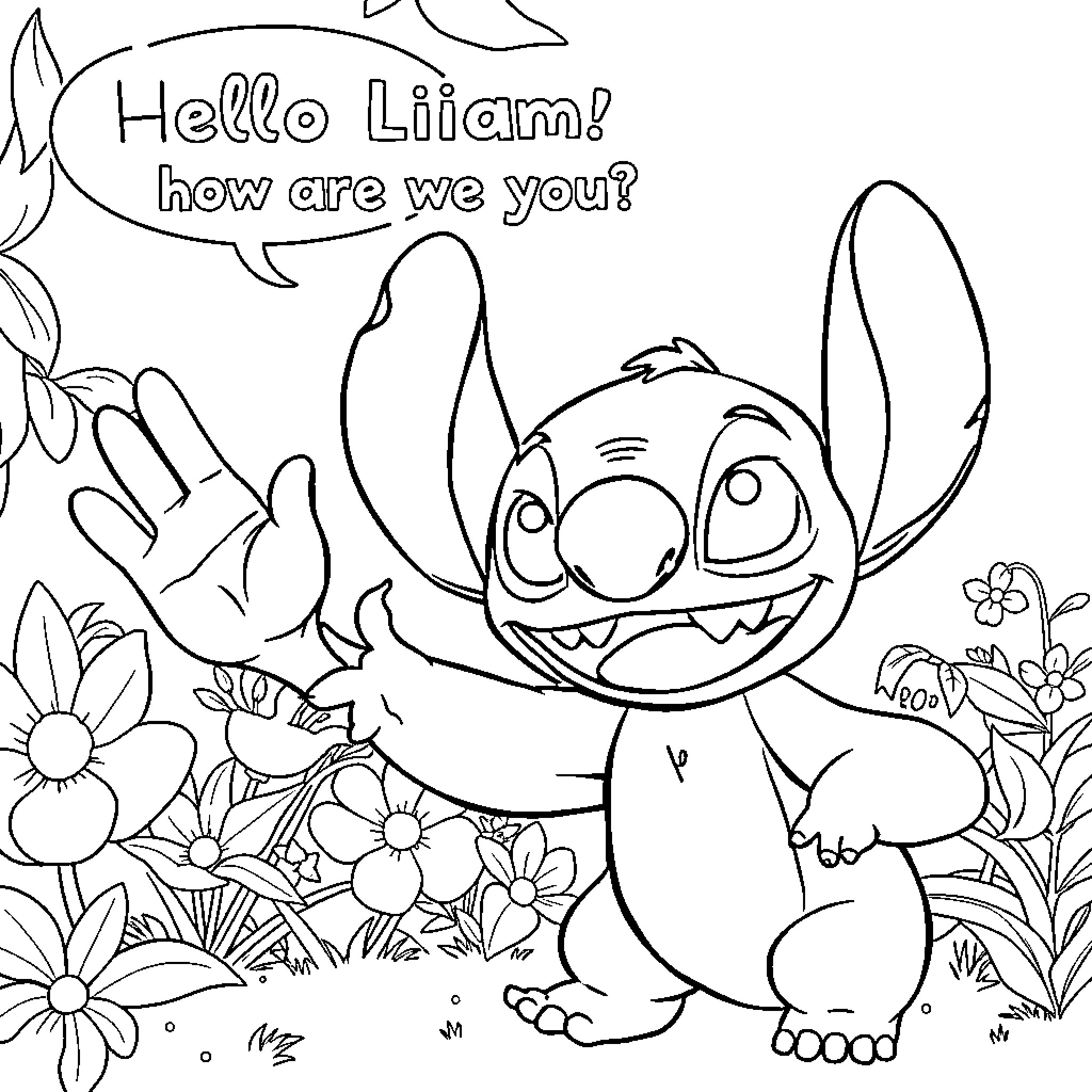 Stitch greeting with cheerfulness in flower garden Coloring Page (free black-and-white line drawing printable PDF for all, from beginners to advanced learners, including children, teens, adults, and seniors)
