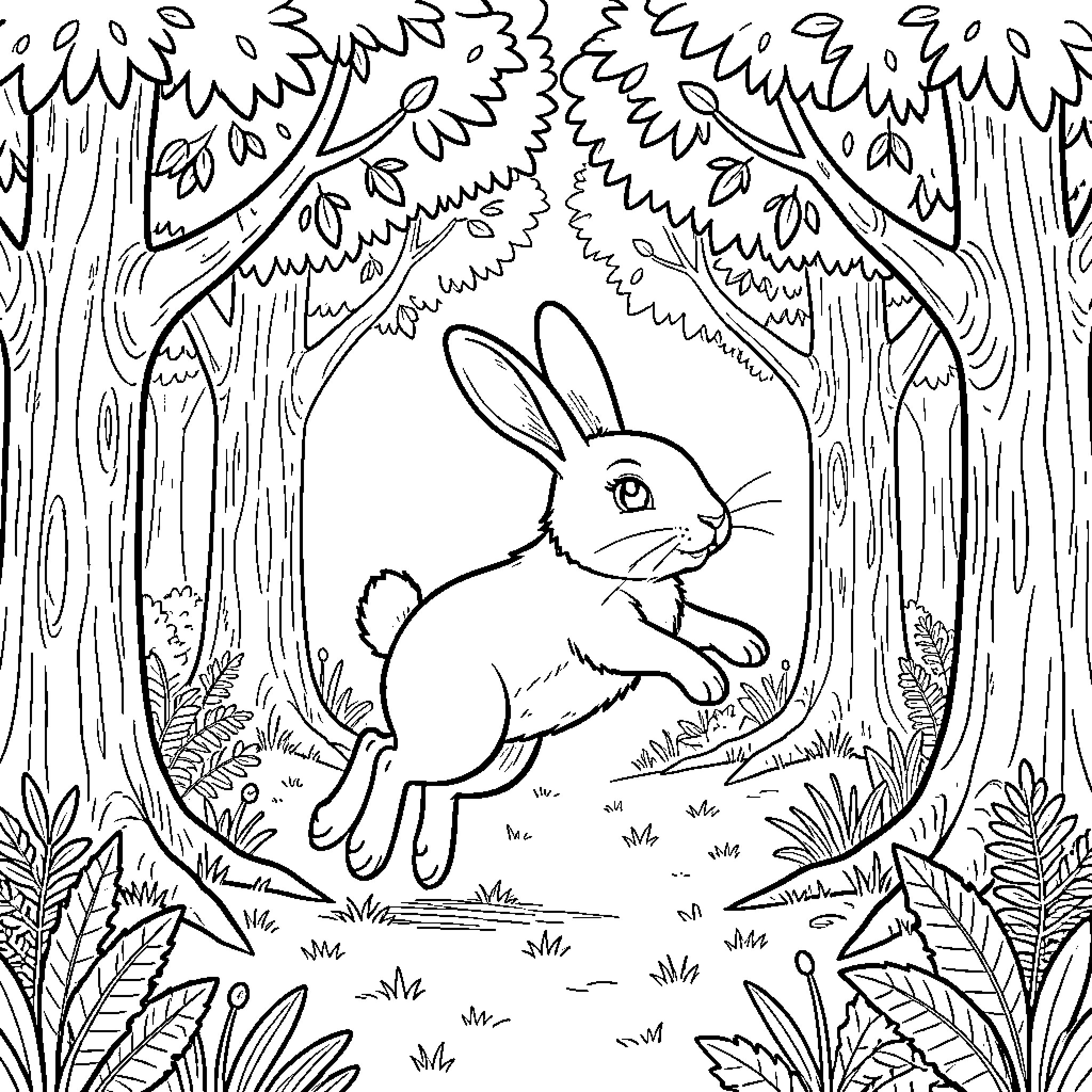 Rabbit jumping joyfully through a forest clearing Coloring Page (free black-and-white line drawing printable PDF for all, from beginners to advanced learners, including children, teens, adults, and seniors)