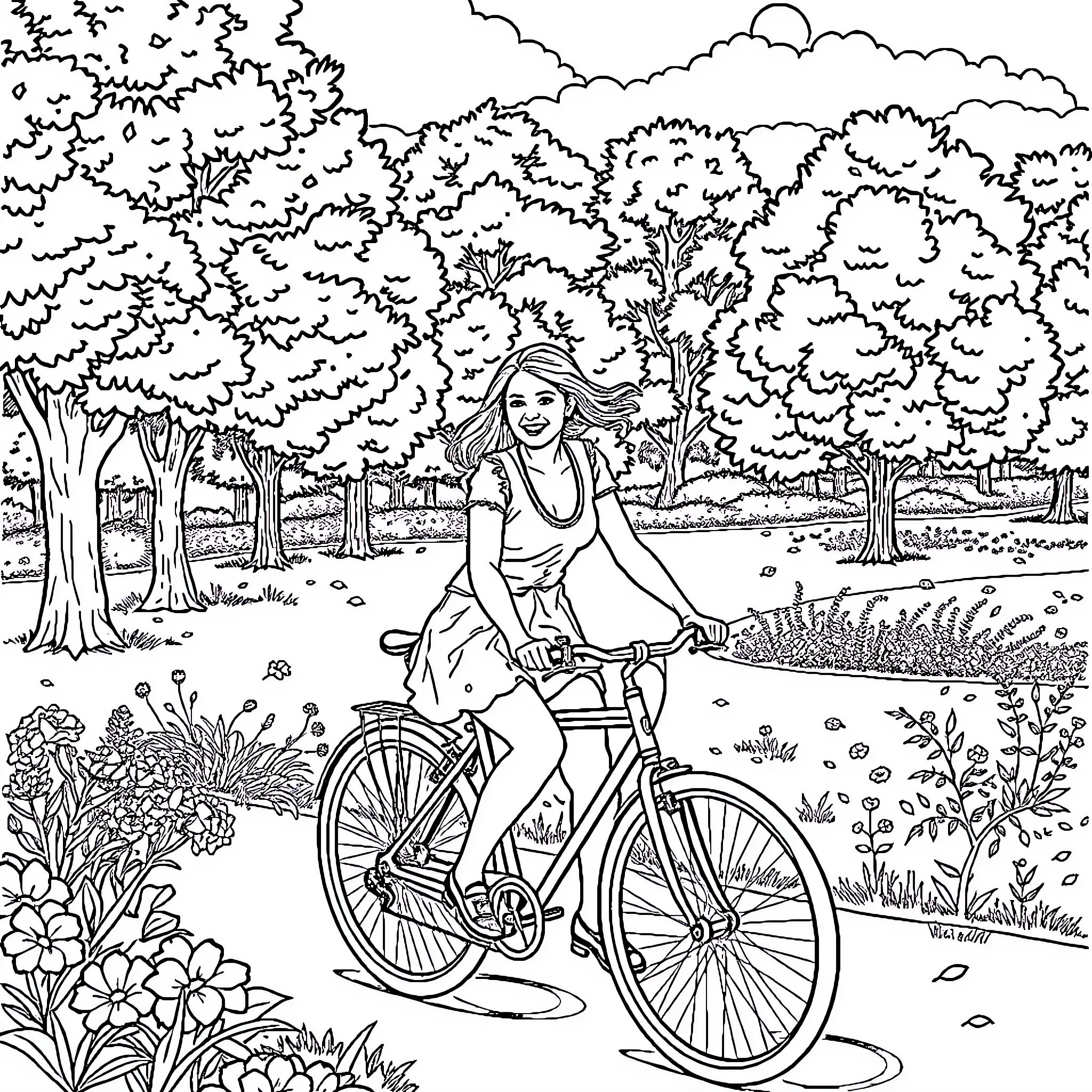 Emma Watson enjoying a bike ride in the park Coloring Page (free black-and-white line drawing printable PDF for all, from beginners to advanced learners, including children, teens, adults, and seniors)
