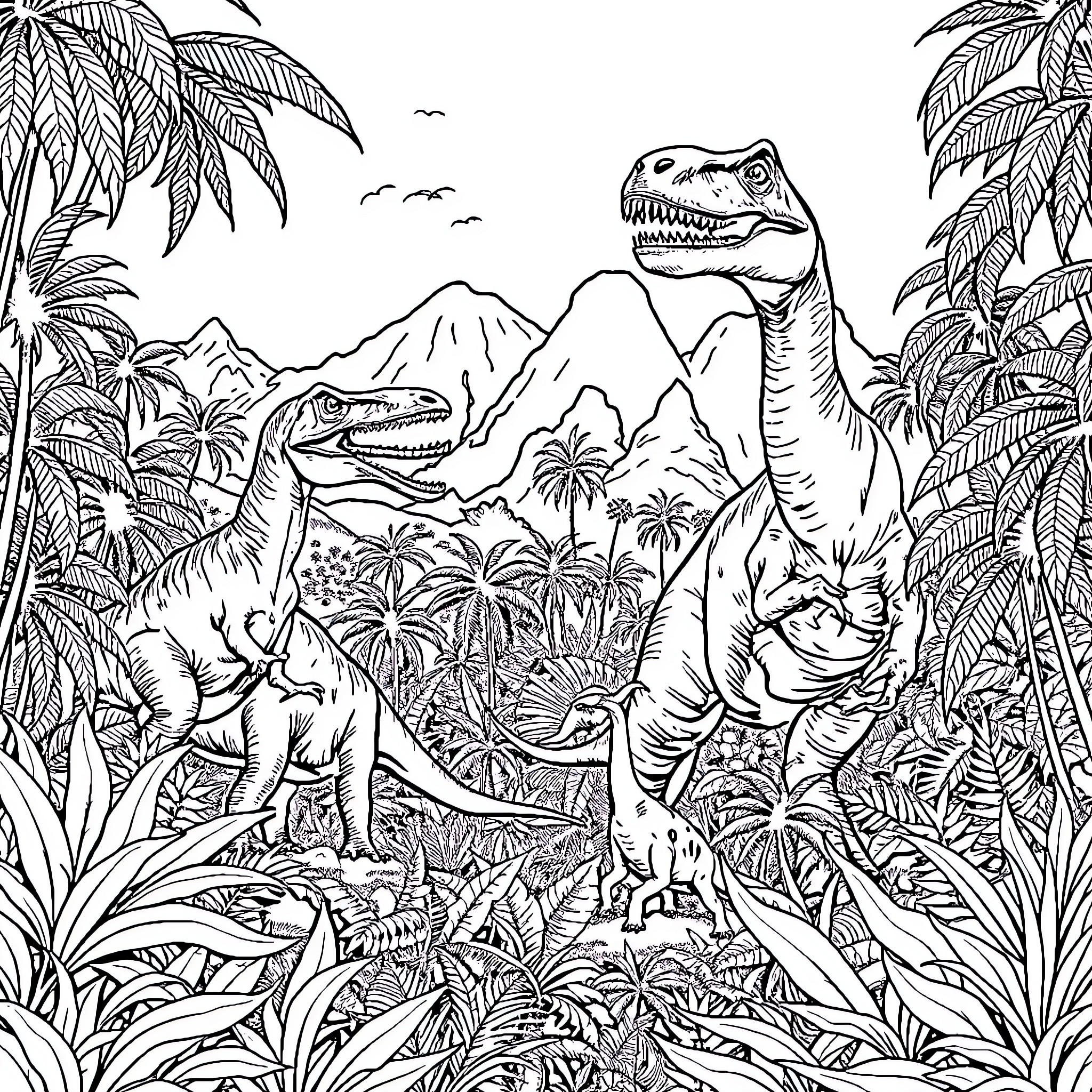 Jurassic Park Dinosaurs Roaming in Lush Landscape Coloring Page (free black-and-white line drawing printable PDF for all, from beginners to advanced learners, including children, teens, adults, and seniors)