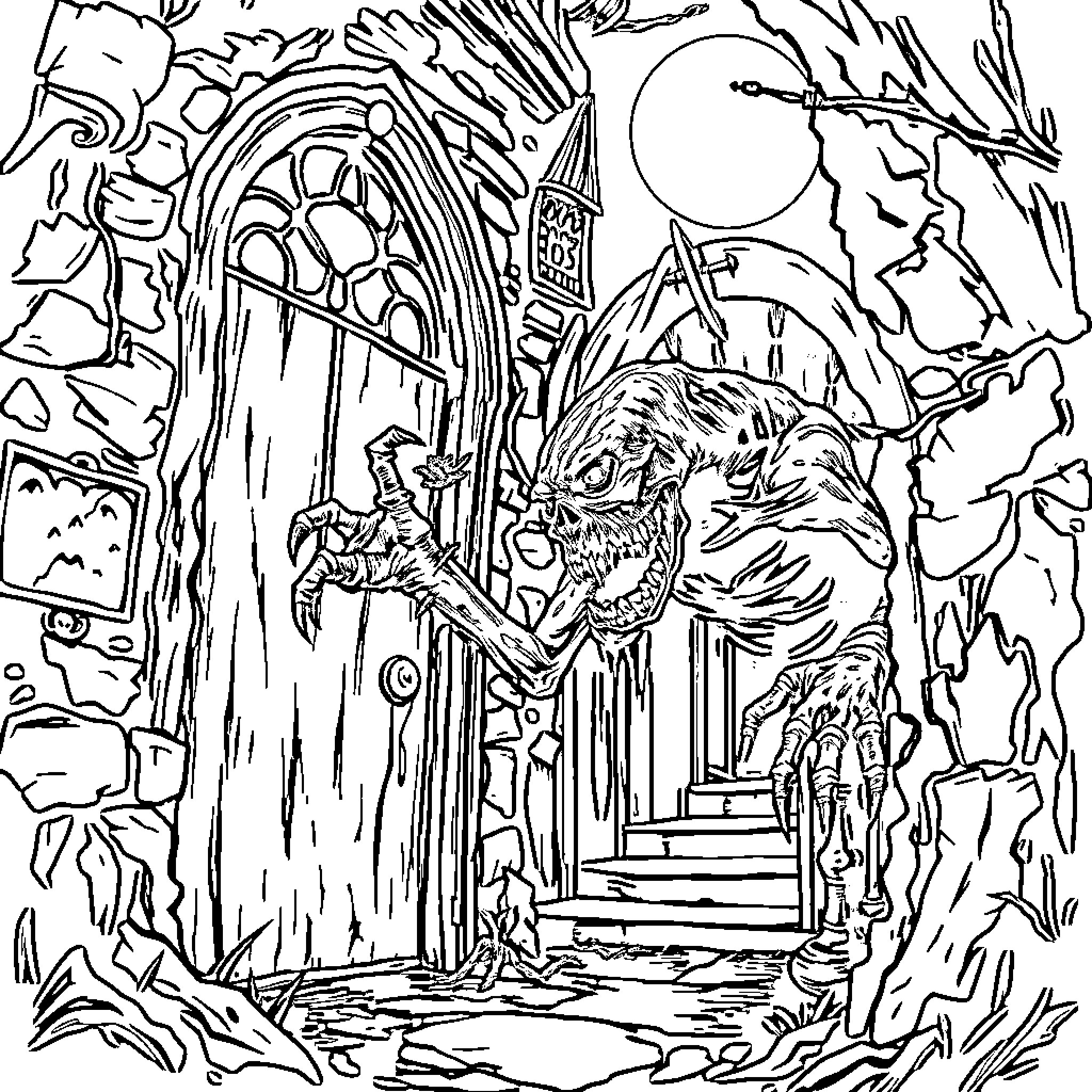 Monster guarding a haunted castle entrance Coloring Page (free black-and-white line drawing printable PDF for all, from beginners to advanced learners, including children, teens, adults, and seniors)