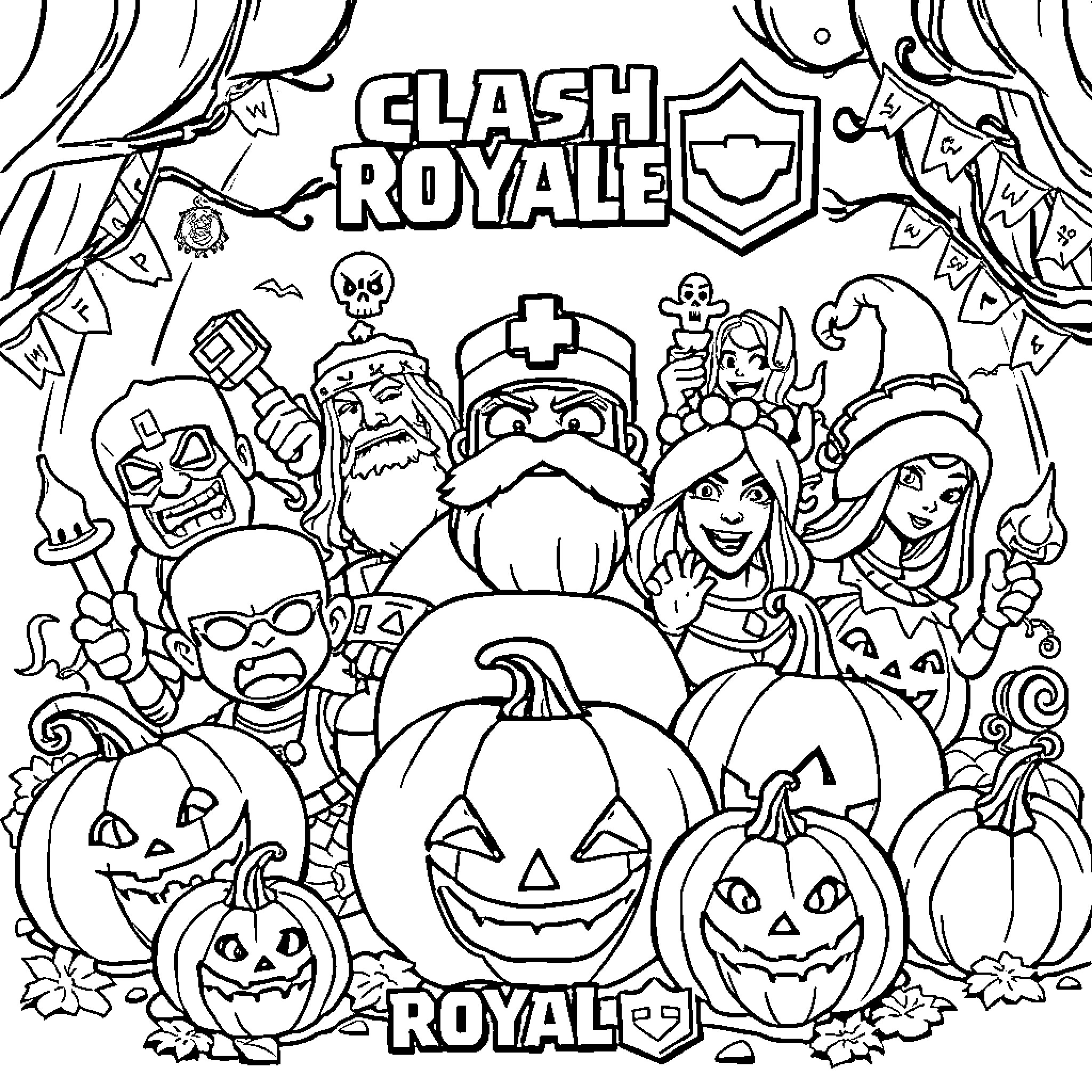 Clash Royale: Festive Characters and Symbols in Action Coloring Page (free black-and-white line drawing printable PDF for all, from beginners to advanced learners, including children, teens, adults, and seniors)
