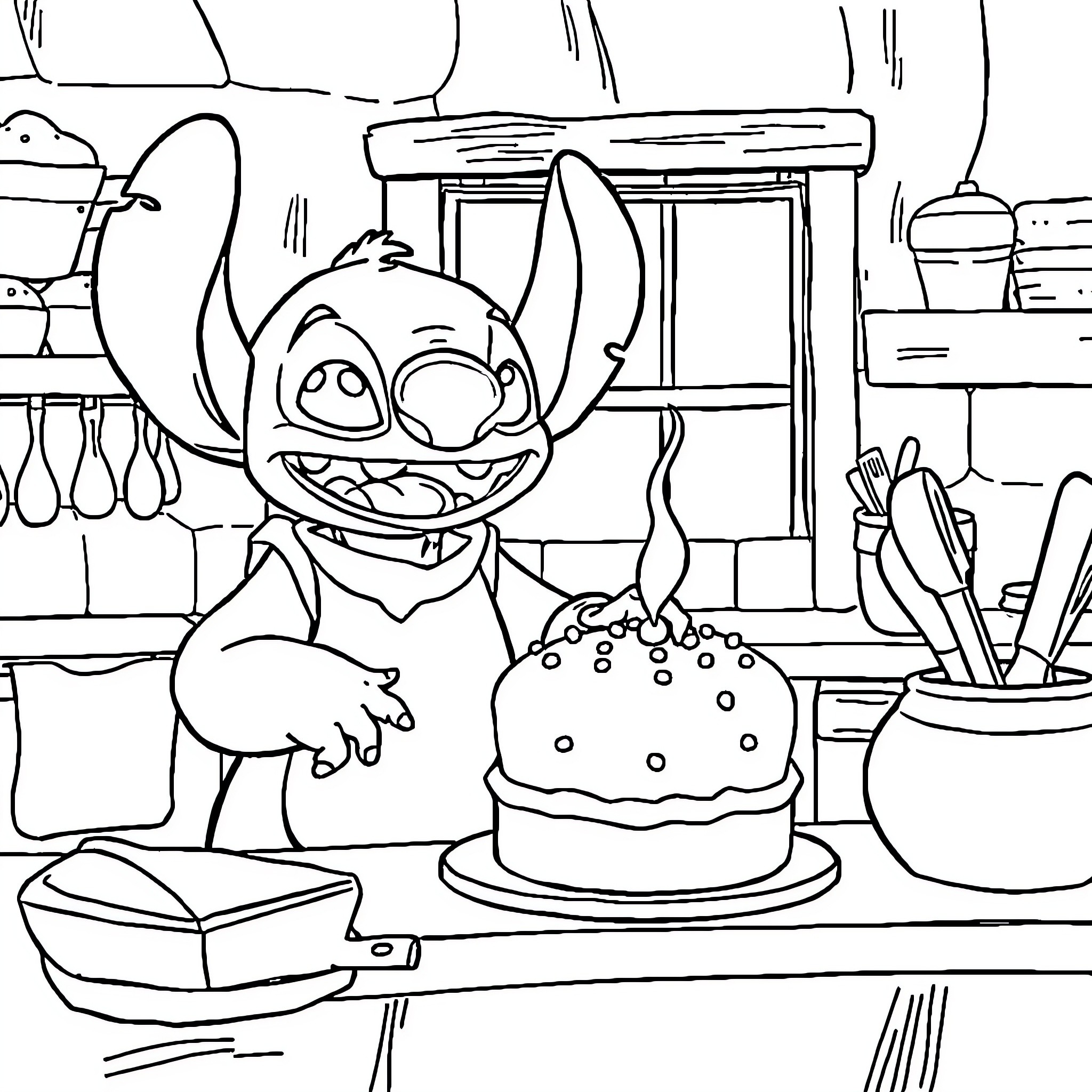 Stitch baking a delightful dessert in the kitchen Coloring Page (free black-and-white line drawing printable PDF for all, from beginners to advanced learners, including children, teens, adults, and seniors)