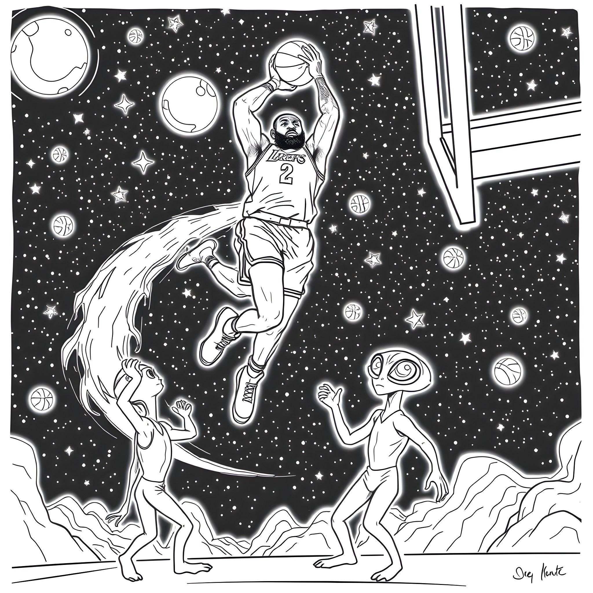 LeBron James dominates the intergalactic basketball court Coloring Page (free black-and-white line drawing printable PDF for all, from beginners to advanced learners, including children, teens, adults, and seniors)