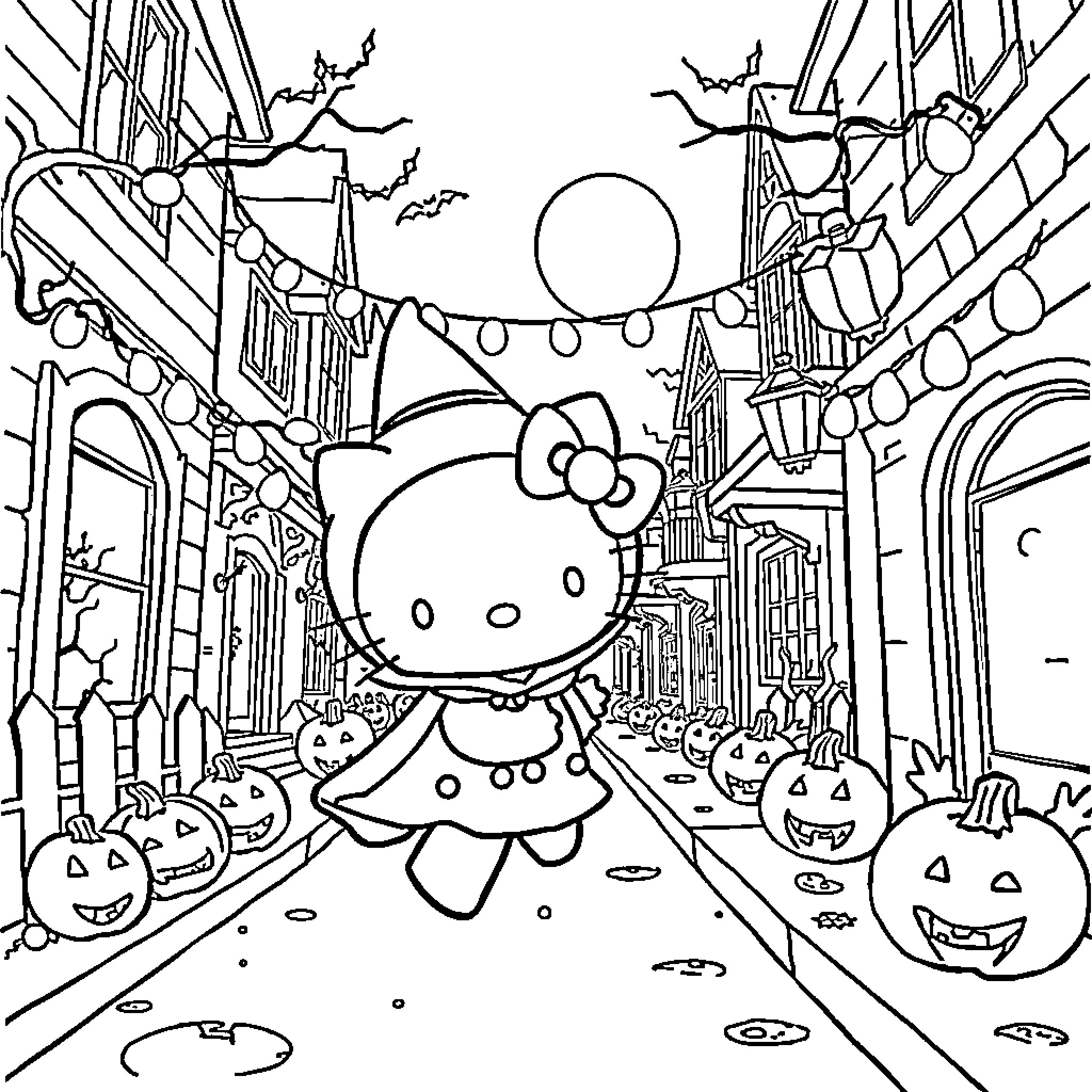 Hello Kitty's Halloween Adventure in the City Coloring Page (free black-and-white line drawing printable PDF for all, from beginners to advanced learners, including children, teens, adults, and seniors)