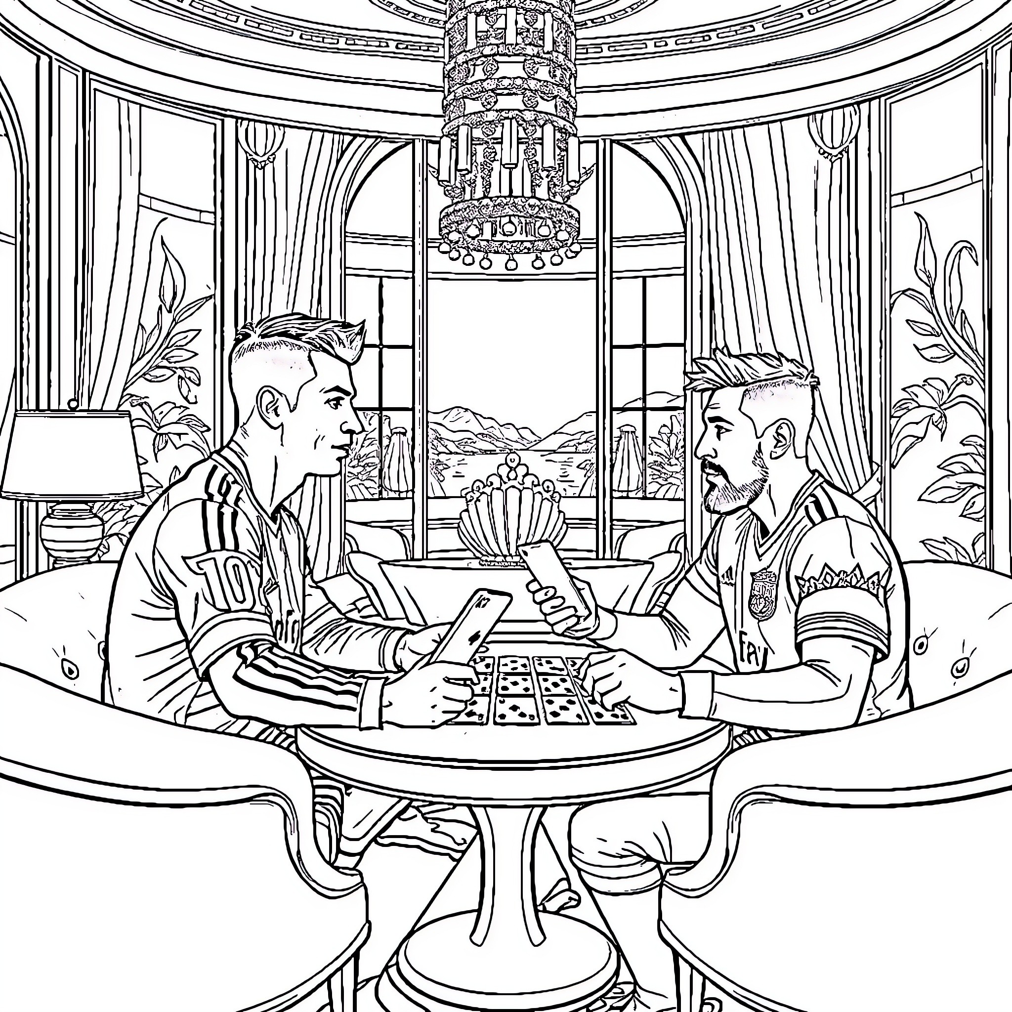 Cr7 playing board game with friends in luxurious setting Coloring Page (free black-and-white line drawing printable PDF for all, from beginners to advanced learners, including children, teens, adults, and seniors)