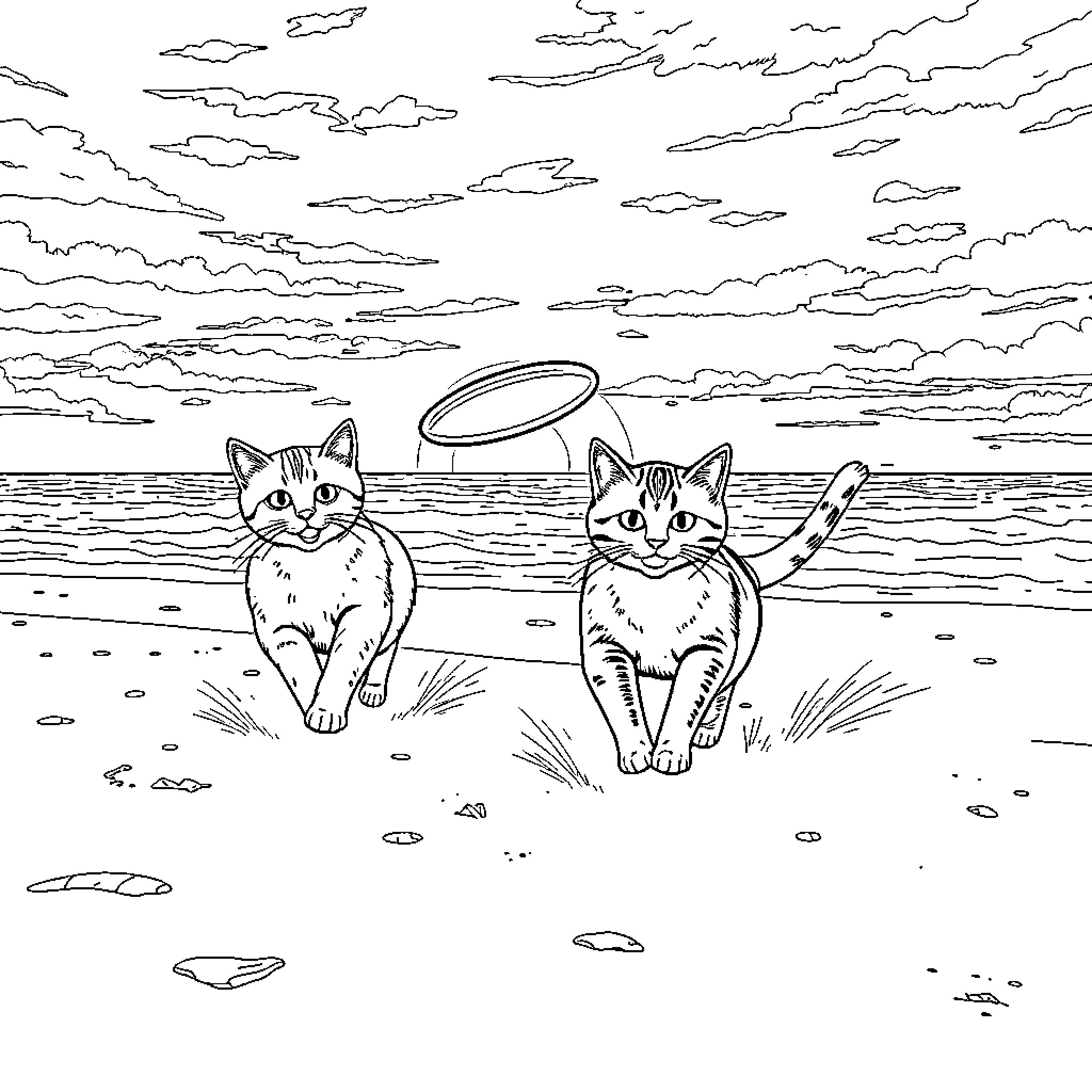Cats playing on the beach Coloring Page (free black-and-white line drawing printable PDF for all, from beginners to advanced learners, including children, teens, adults, and seniors)
